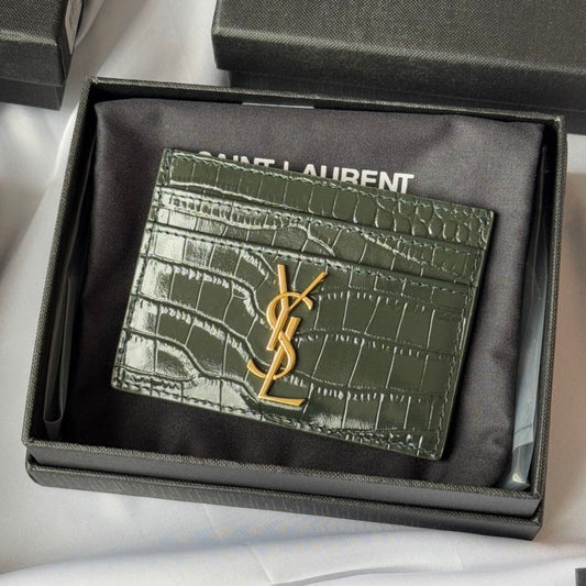 YSL Card Holder 10cm Wallet Dark Green Gold Crocodile Leather 240561 mysite