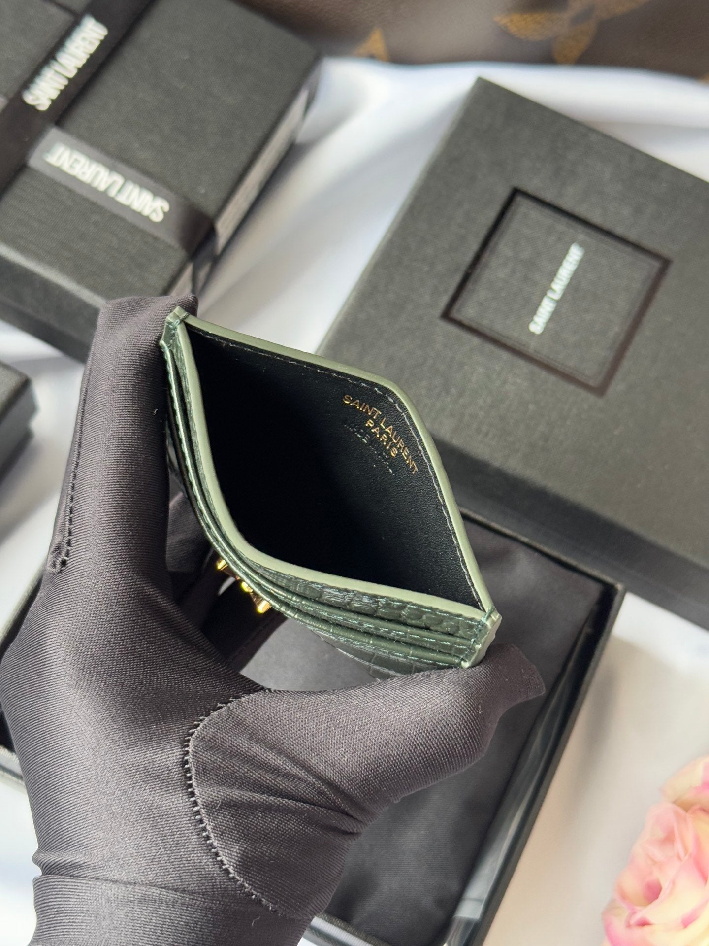 YSL Card Holder 10cm Wallet Dark Green Gold Crocodile Leather 240561 mysite