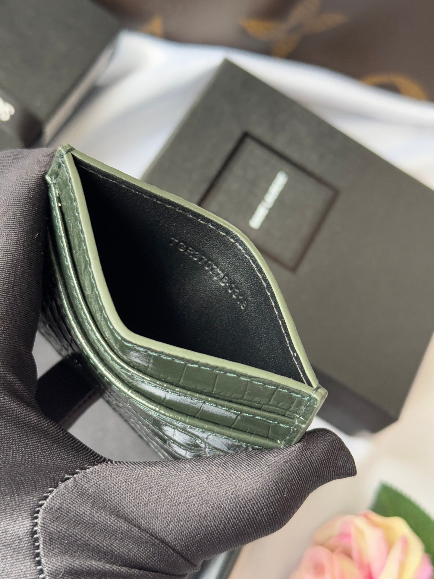 YSL Card Holder 10cm Wallet Dark Green Gold Crocodile Leather 240561 mysite