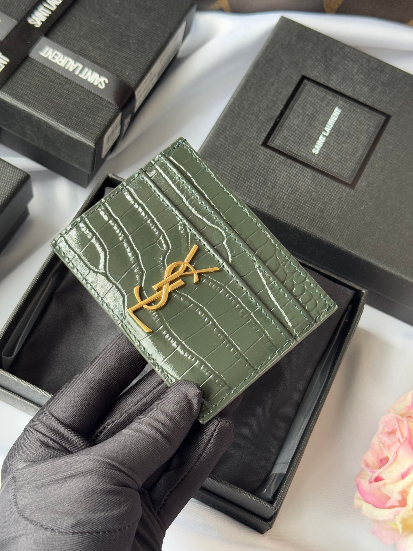 YSL Card Holder 10cm Wallet Dark Green Gold Crocodile Leather 240561 mysite