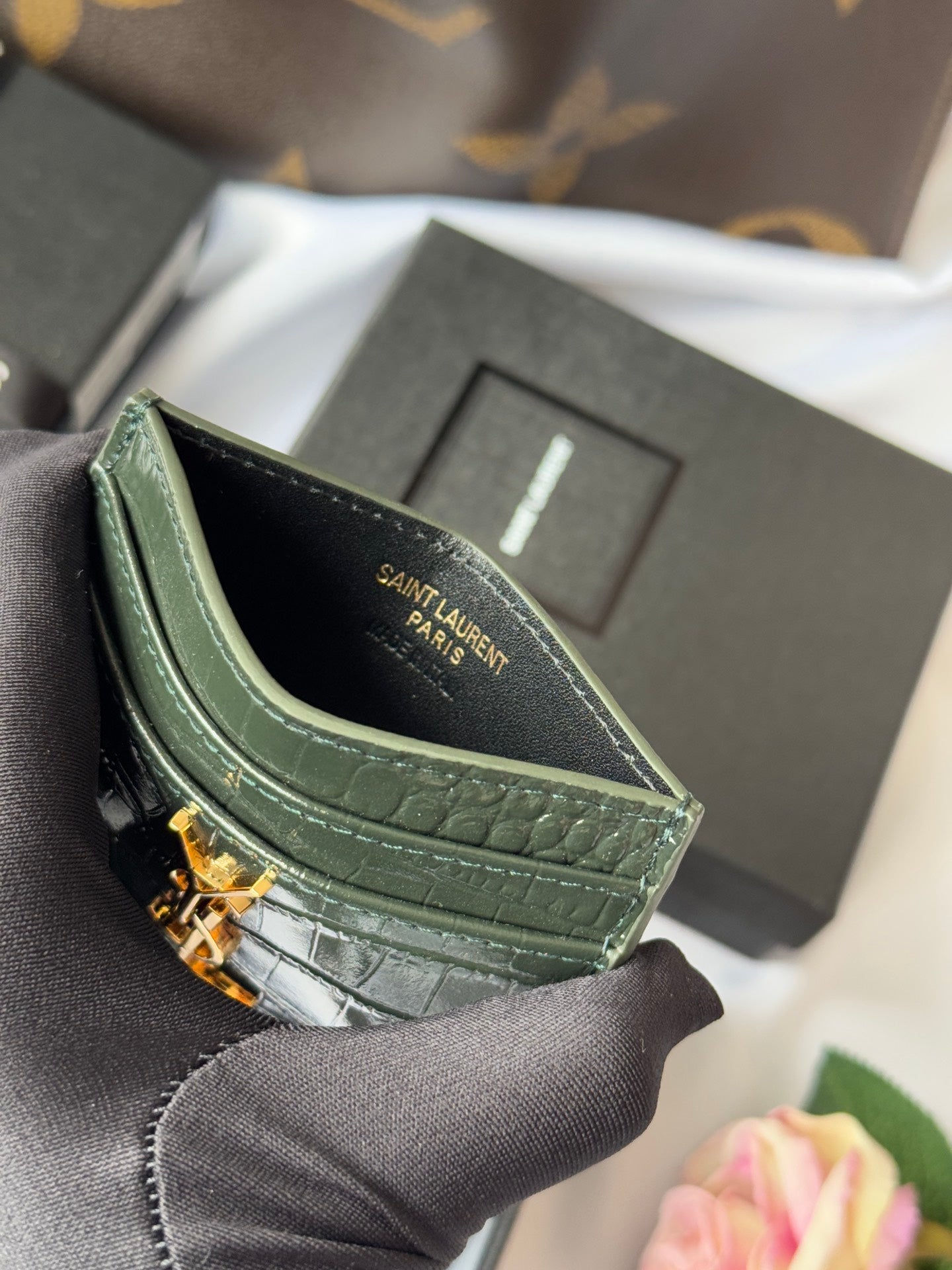 YSL Card Holder 10cm Wallet Dark Green Gold Crocodile Leather 240561 mysite