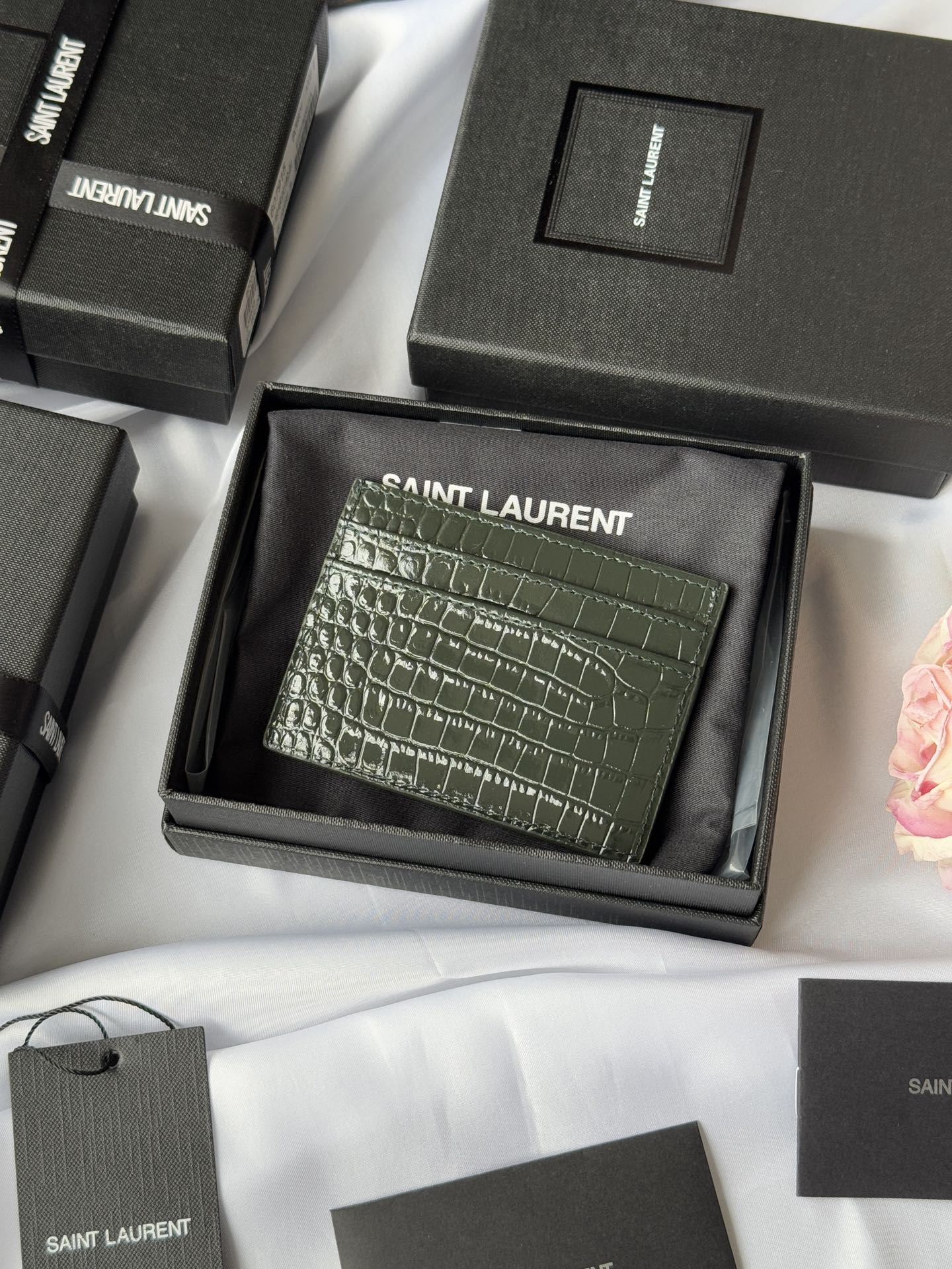 YSL Card Holder 10cm Wallet Dark Green Gold Crocodile Leather 240561 mysite