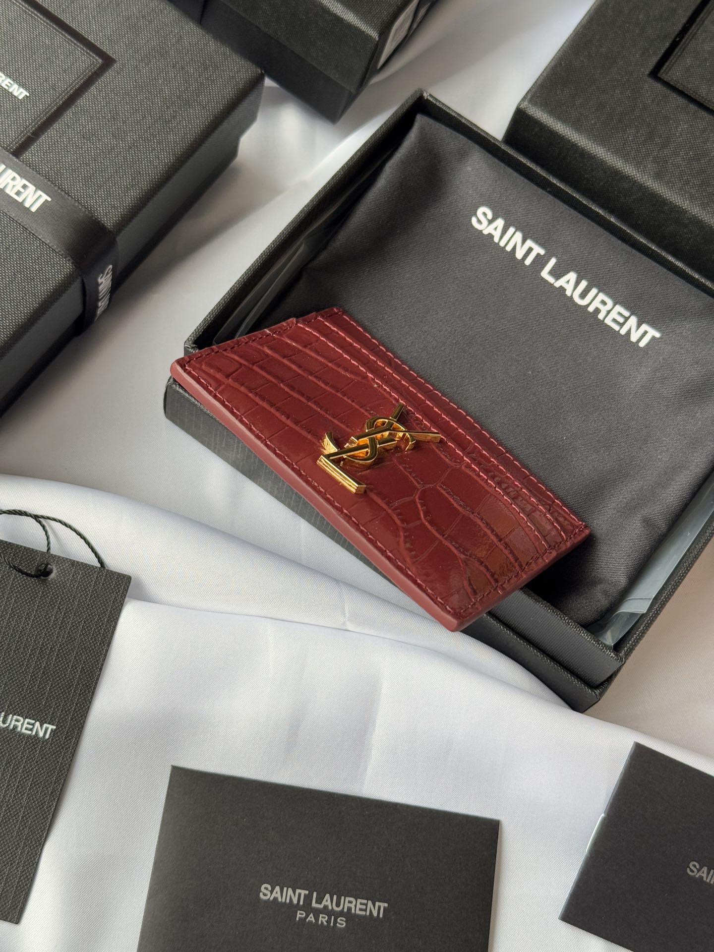 YSL Card Holder 10cm Wallet Burgundy Gold Crocodile Leather 240559 mysite