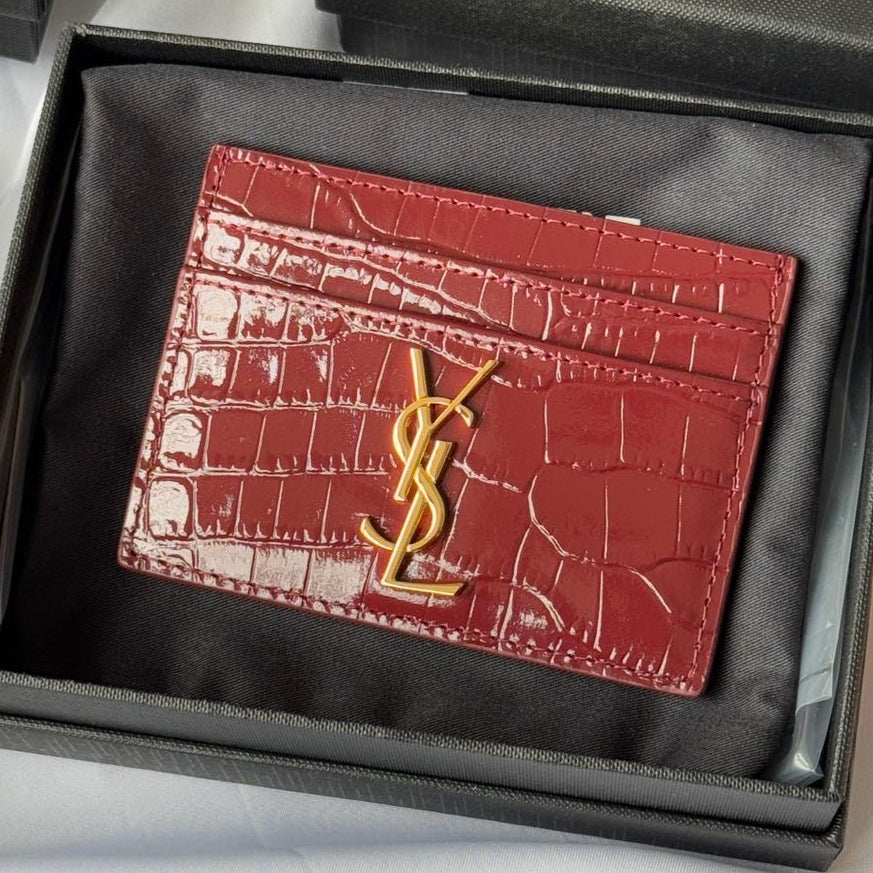YSL Card Holder 10cm Wallet Burgundy Gold Crocodile Leather 240559 mysite