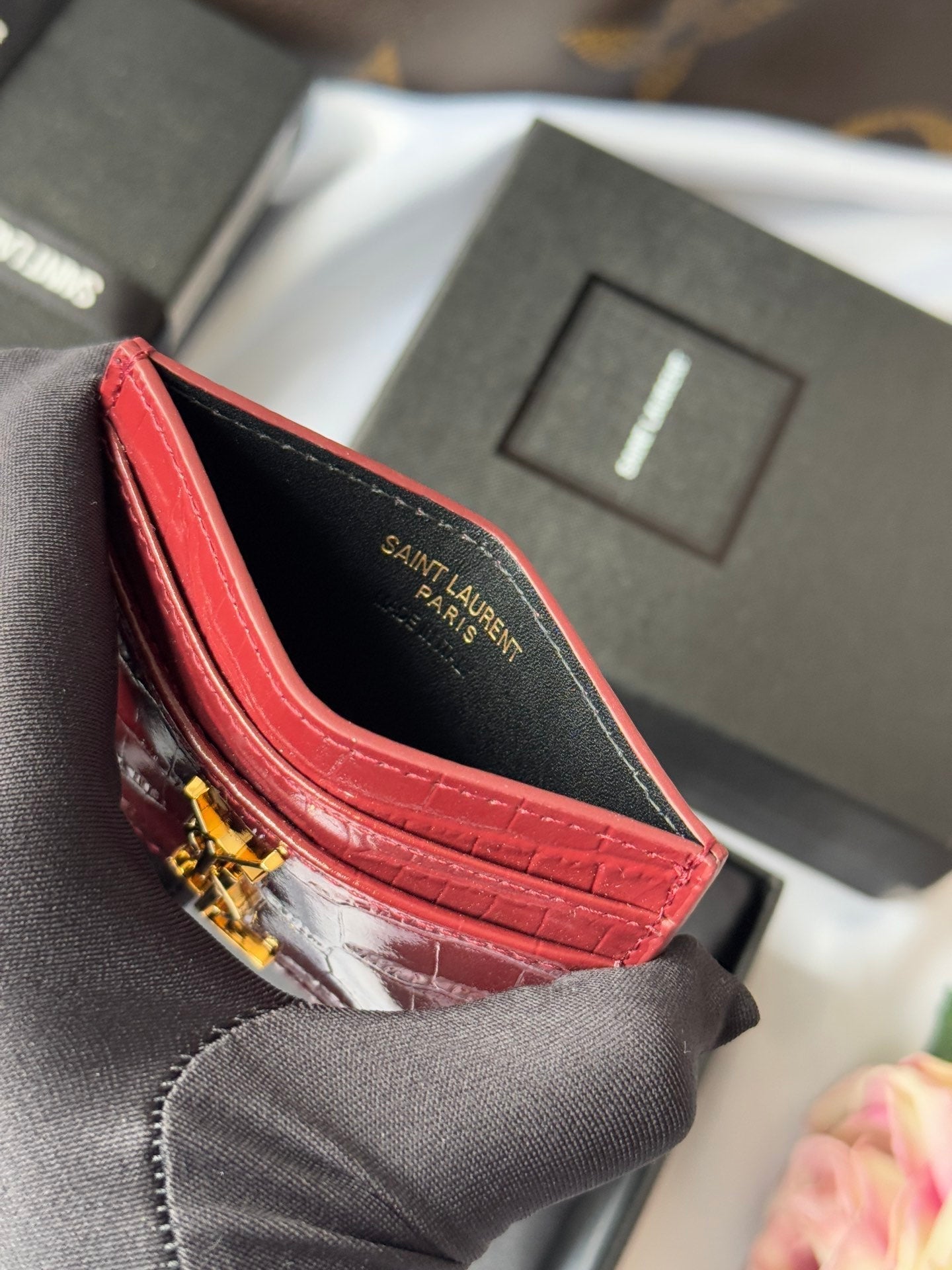 YSL Card Holder 10cm Wallet Burgundy Gold Crocodile Leather 240559 mysite
