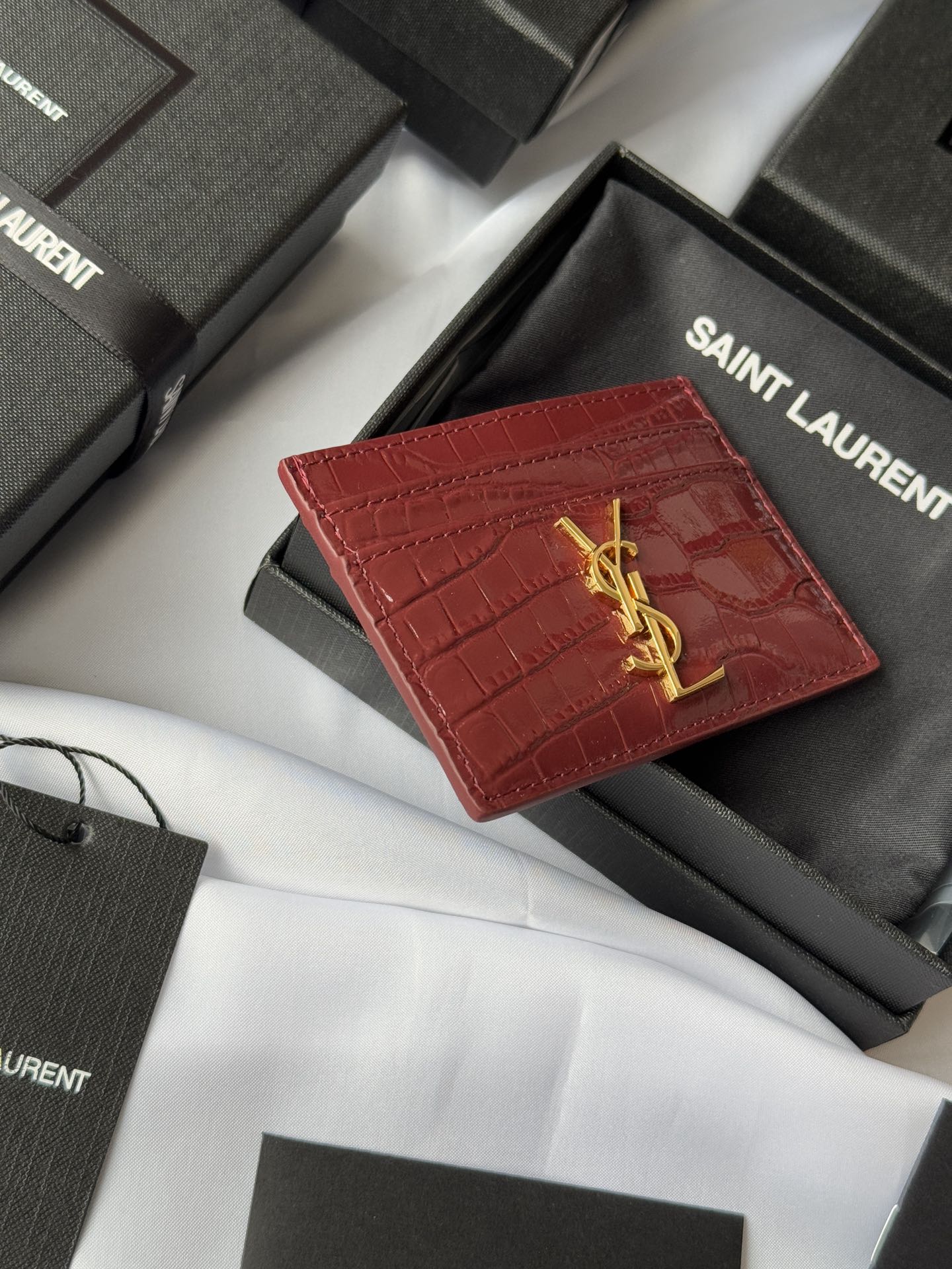 YSL Card Holder 10cm Wallet Burgundy Gold Crocodile Leather 240559 mysite