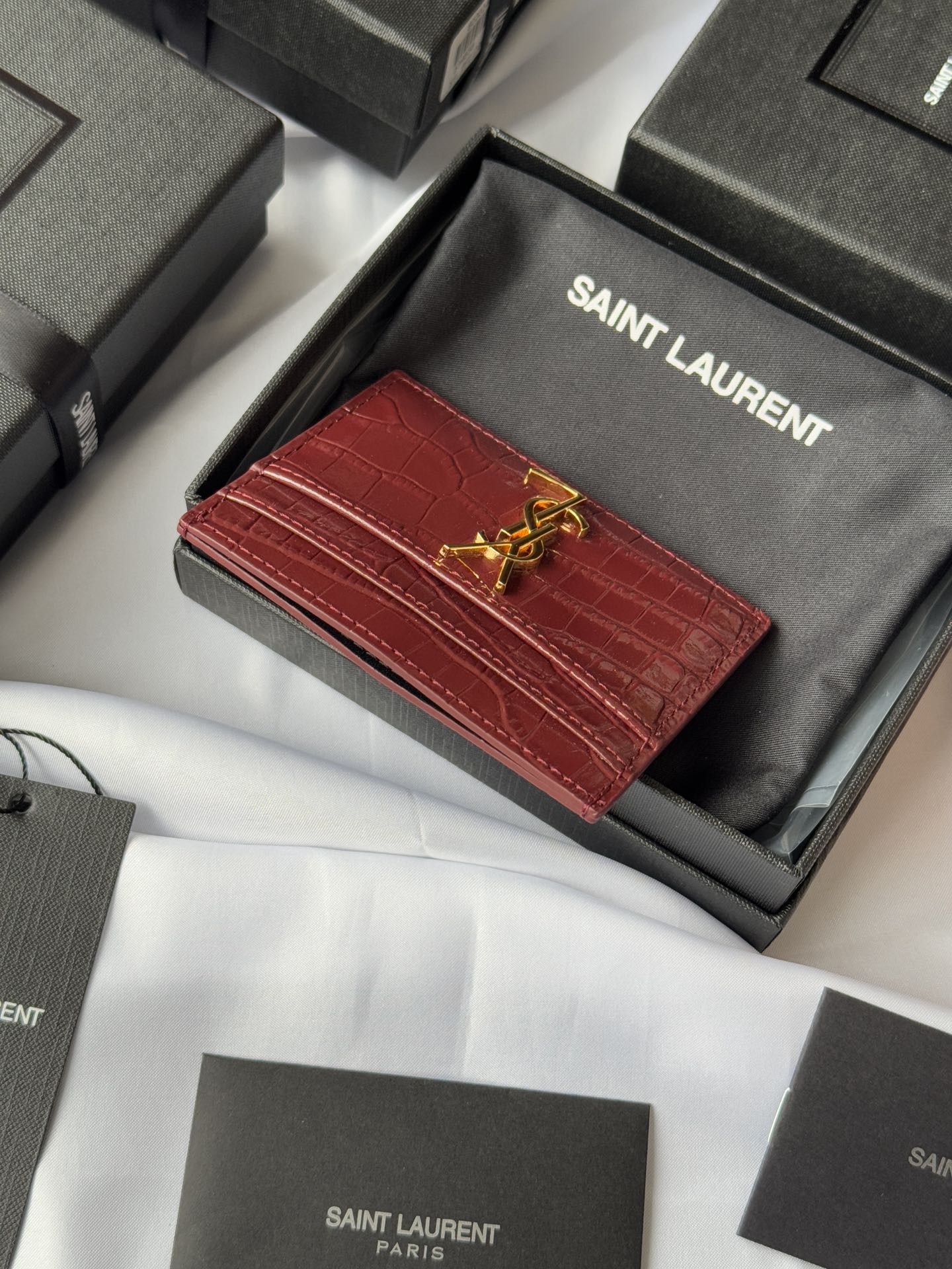 YSL Card Holder 10cm Wallet Burgundy Gold Crocodile Leather 240559 mysite