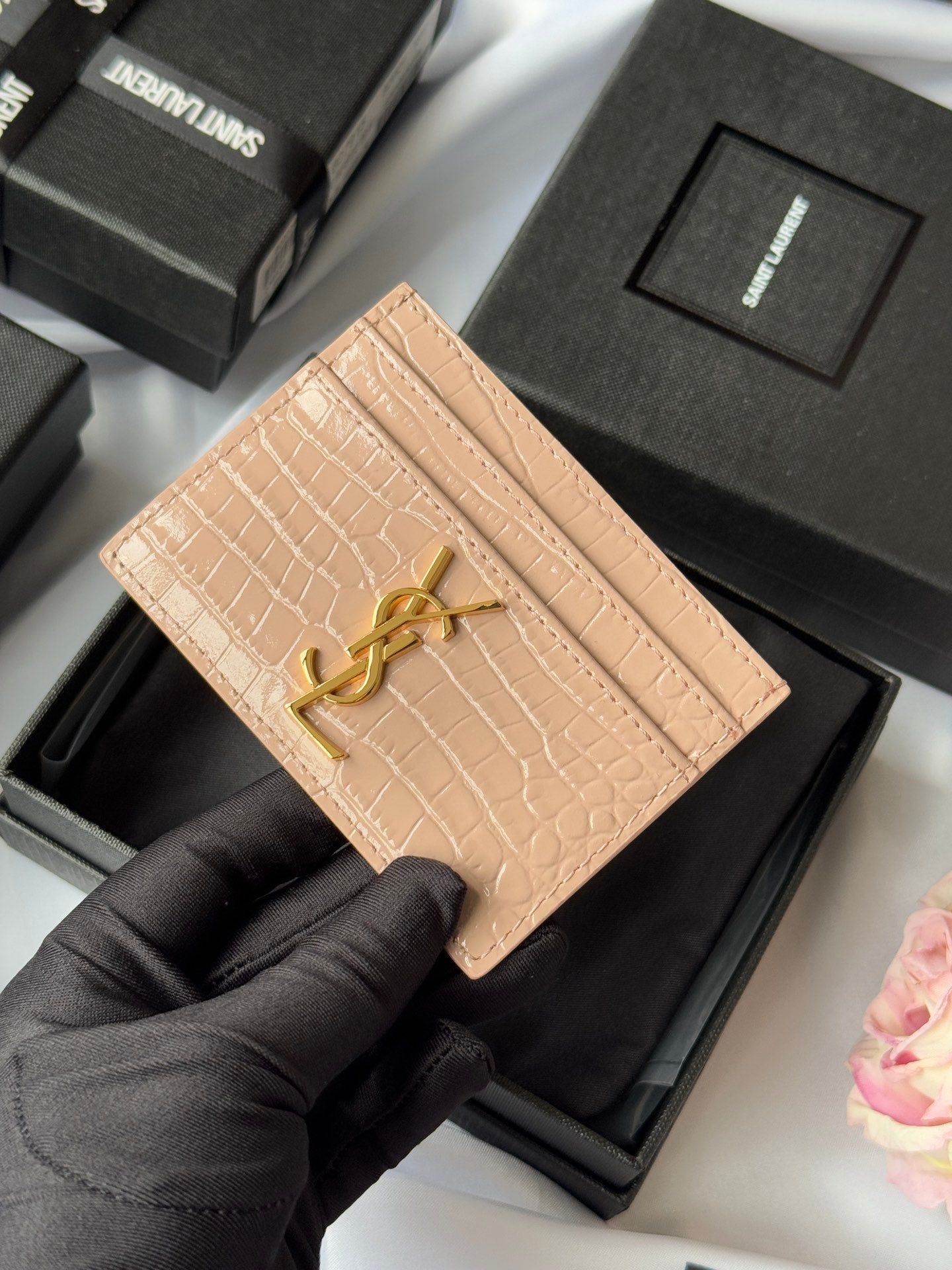 YSL Card Holder 10cm Wallet Pink Gold Crocodile Leather 240557 mysite
