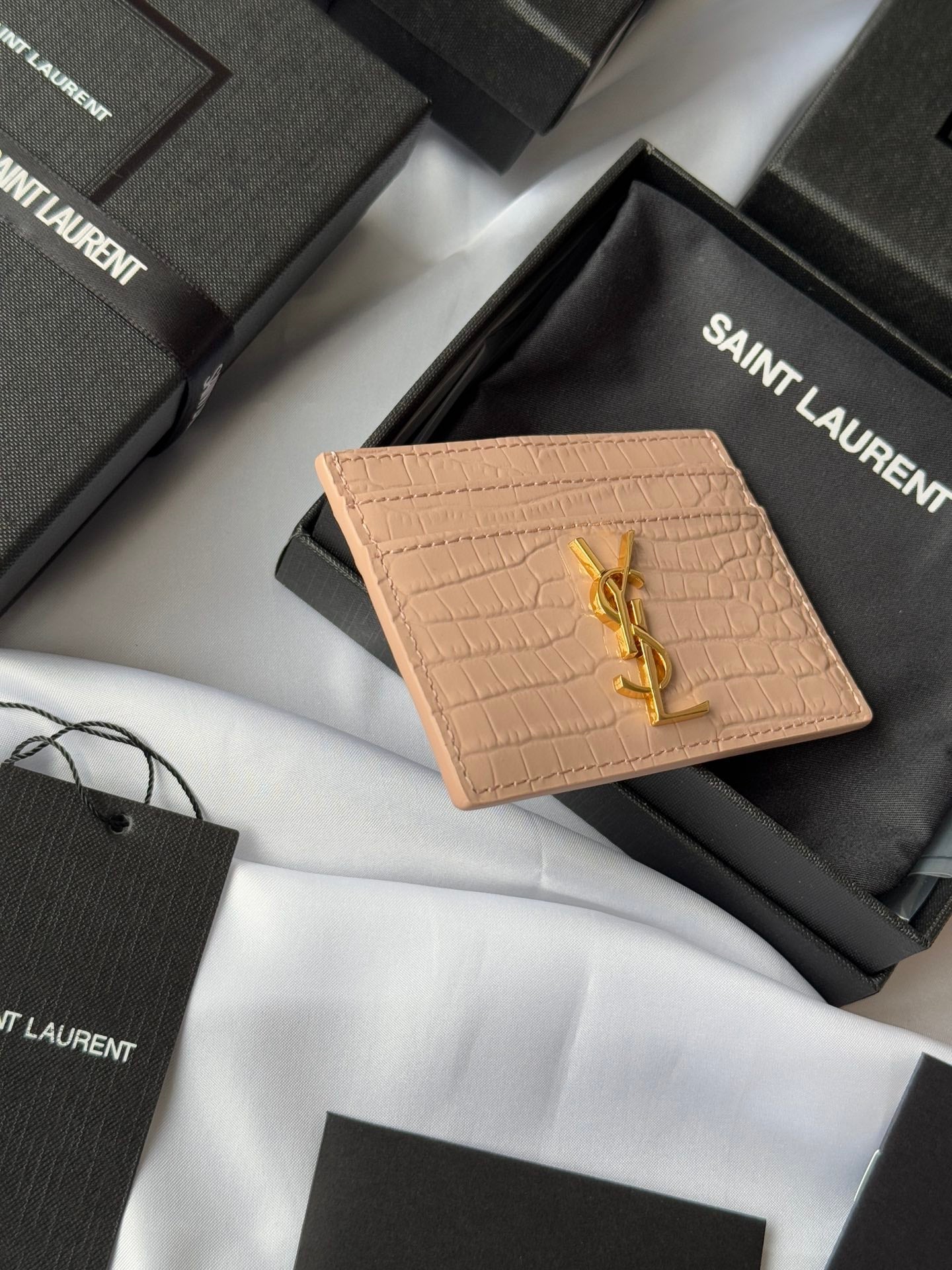 YSL Card Holder 10cm Wallet Pink Gold Crocodile Leather 240557 mysite
