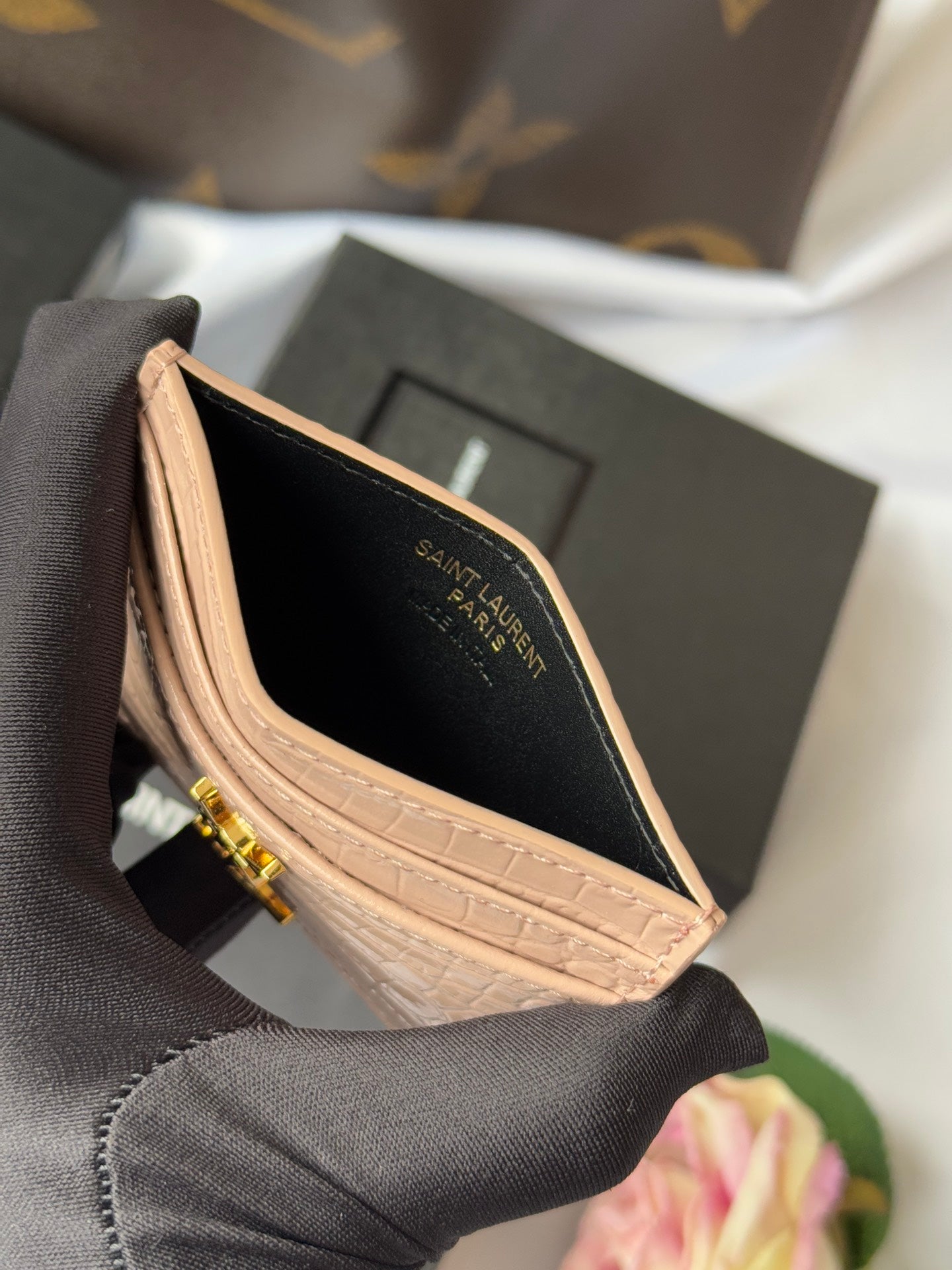 YSL Card Holder 10cm Wallet Pink Gold Crocodile Leather 240557 mysite