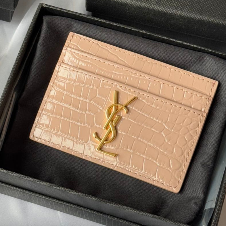 YSL Card Holder 10cm Wallet Pink Gold Crocodile Leather 240557 mysite