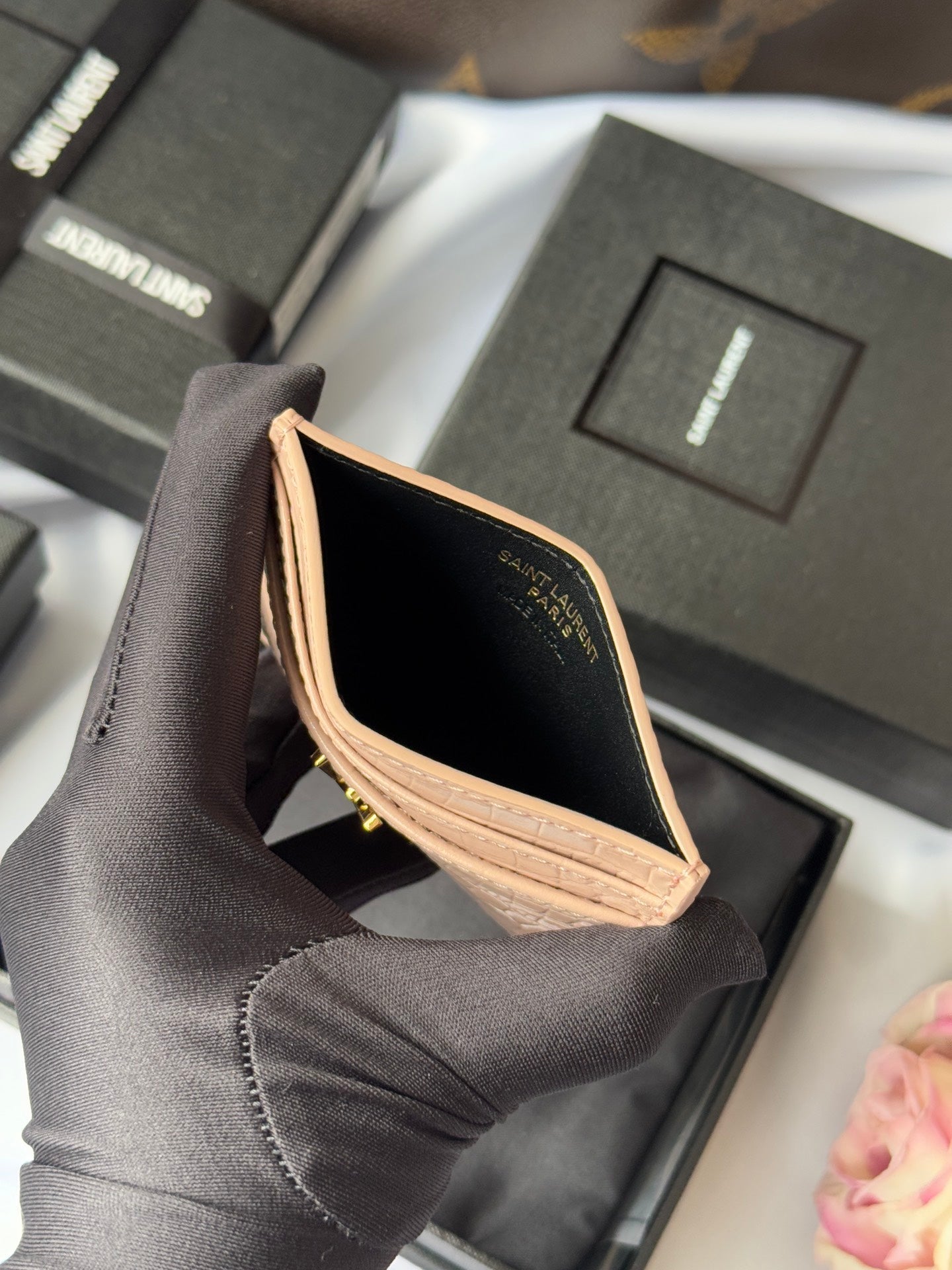 YSL Card Holder 10cm Wallet Pink Gold Crocodile Leather 240557 mysite