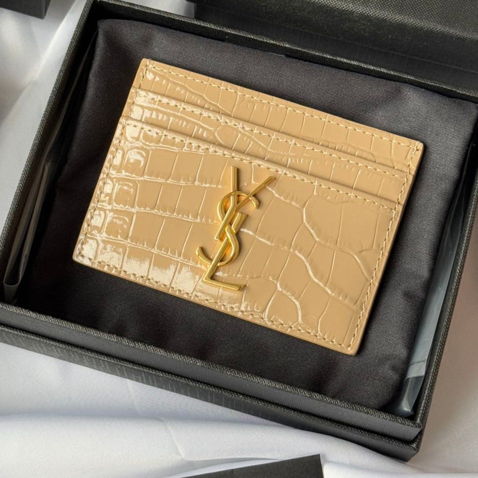 YSL Card Holder 10cm Wallet Beige Gold Crocodile Leather 240555 mysite