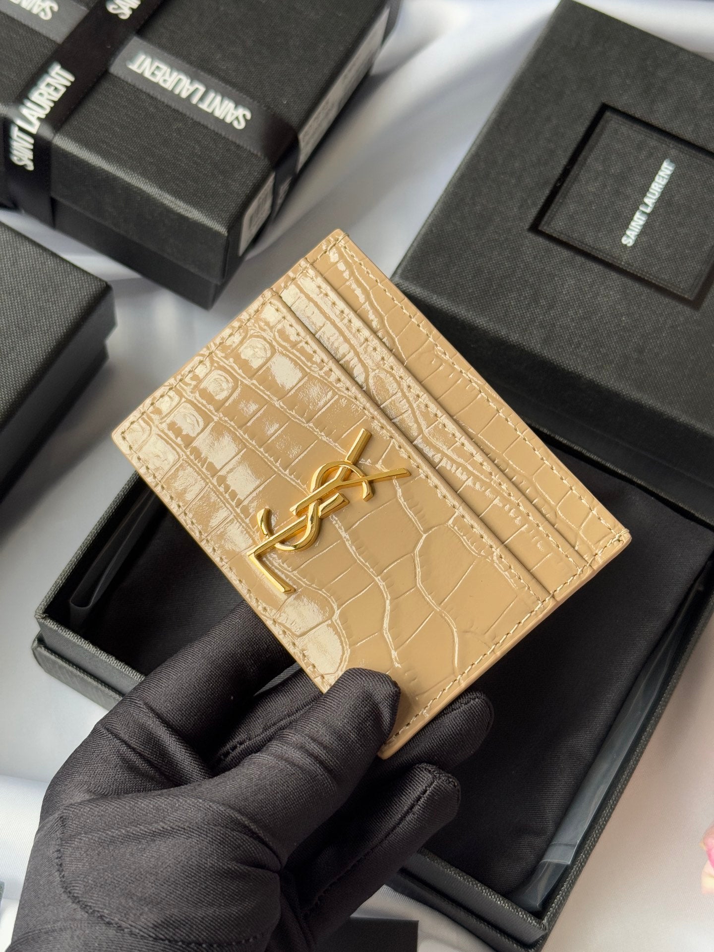 YSL Card Holder 10cm Wallet Beige Gold Crocodile Leather 240555 mysite