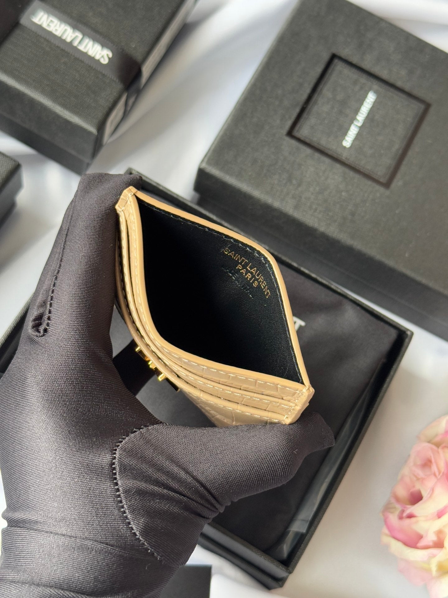 YSL Card Holder 10cm Wallet Beige Gold Crocodile Leather 240555 mysite