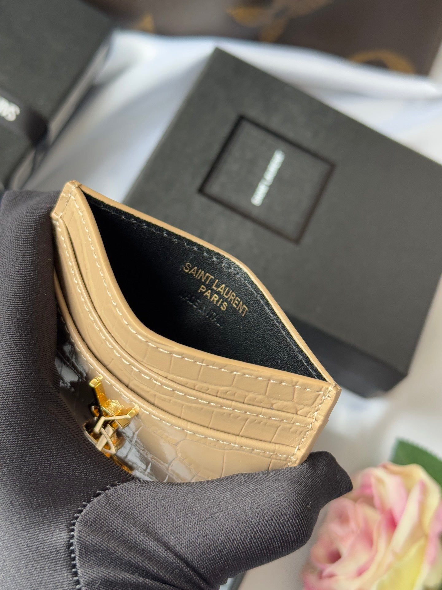 YSL Card Holder 10cm Wallet Beige Gold Crocodile Leather 240555 mysite