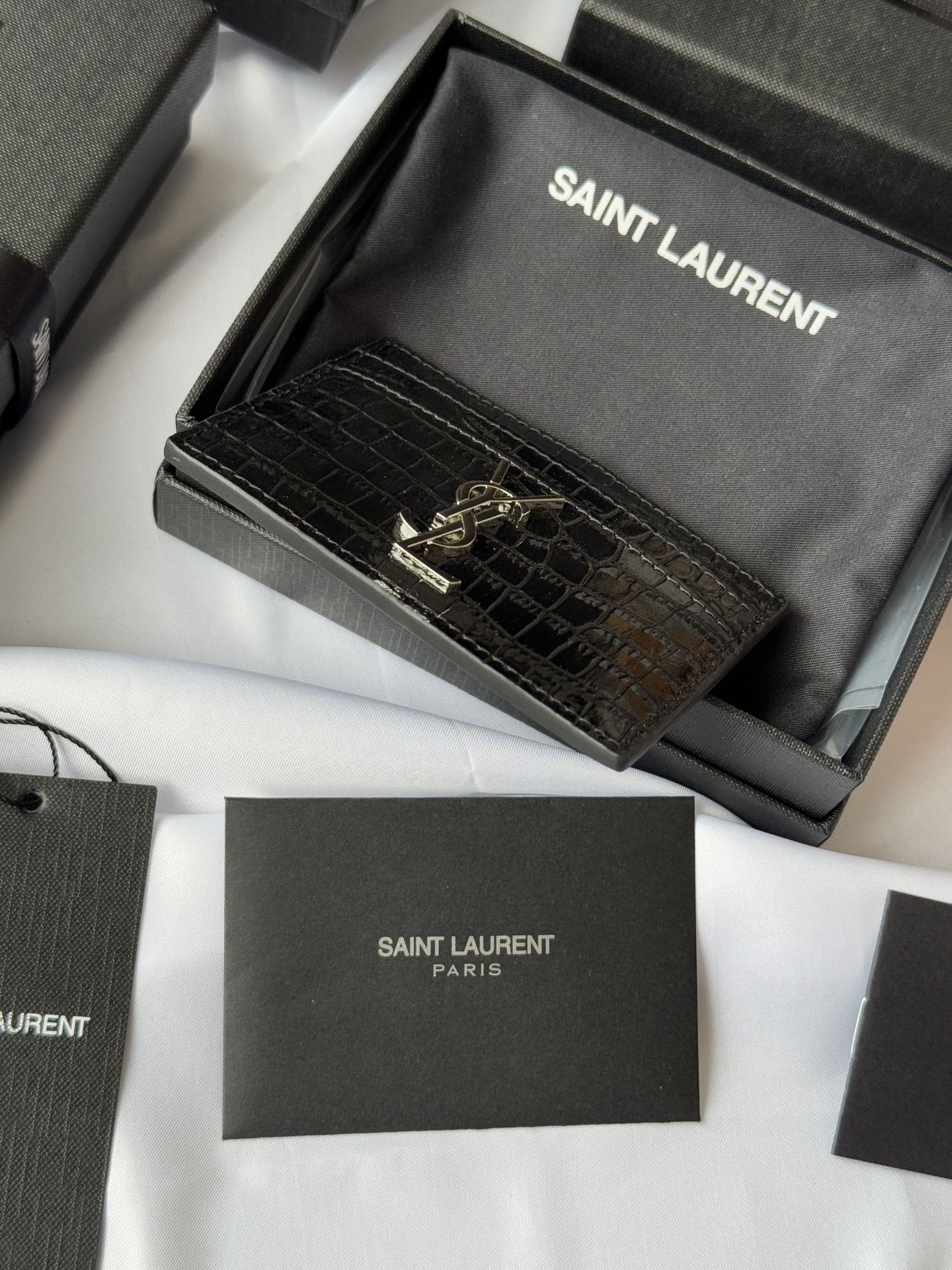YSL Card Holder 10cm Wallet Black Silver Crocodile Leather 240554 mysite