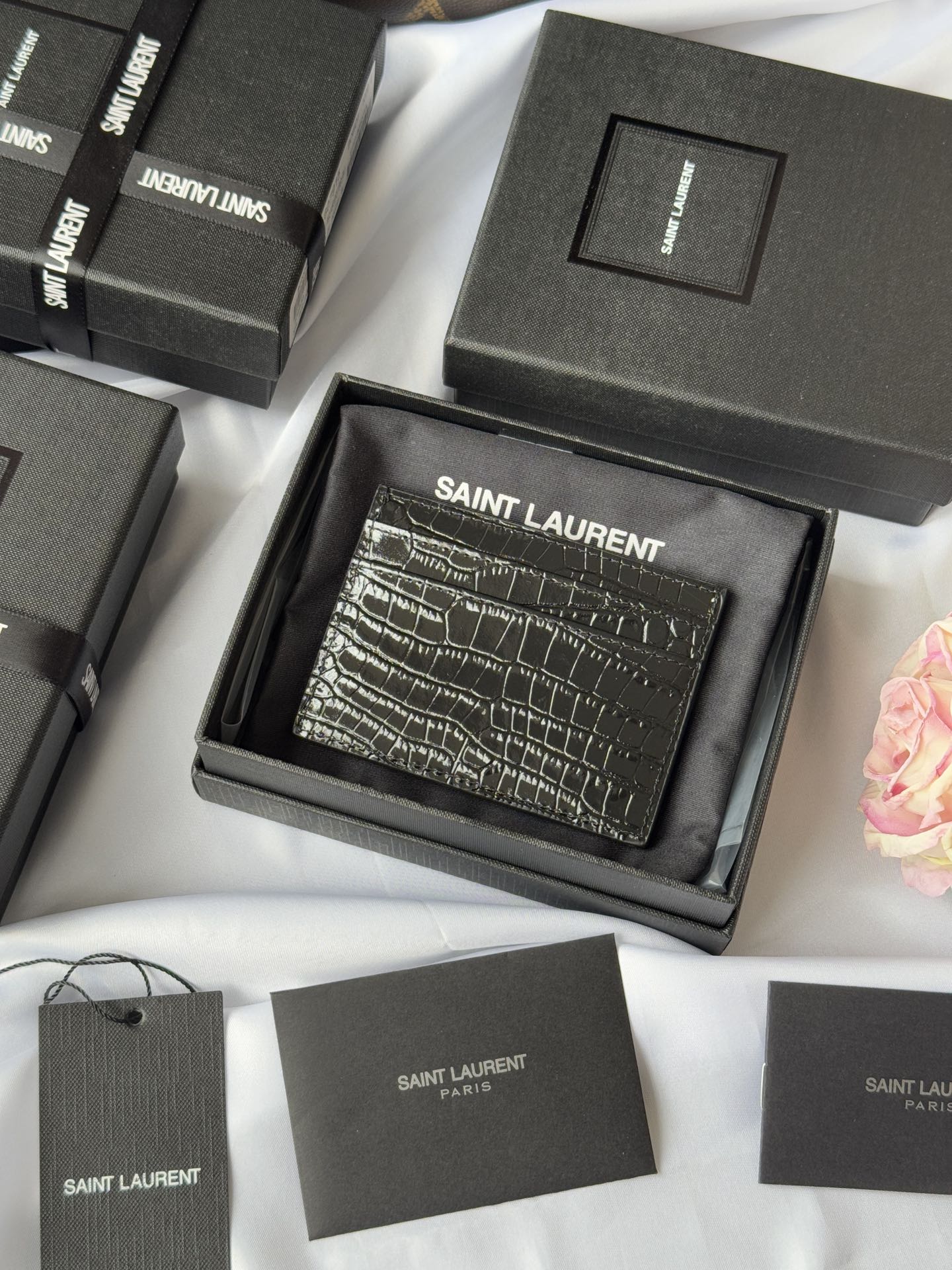 YSL Card Holder 10cm Wallet Black Silver Crocodile Leather 240554 mysite