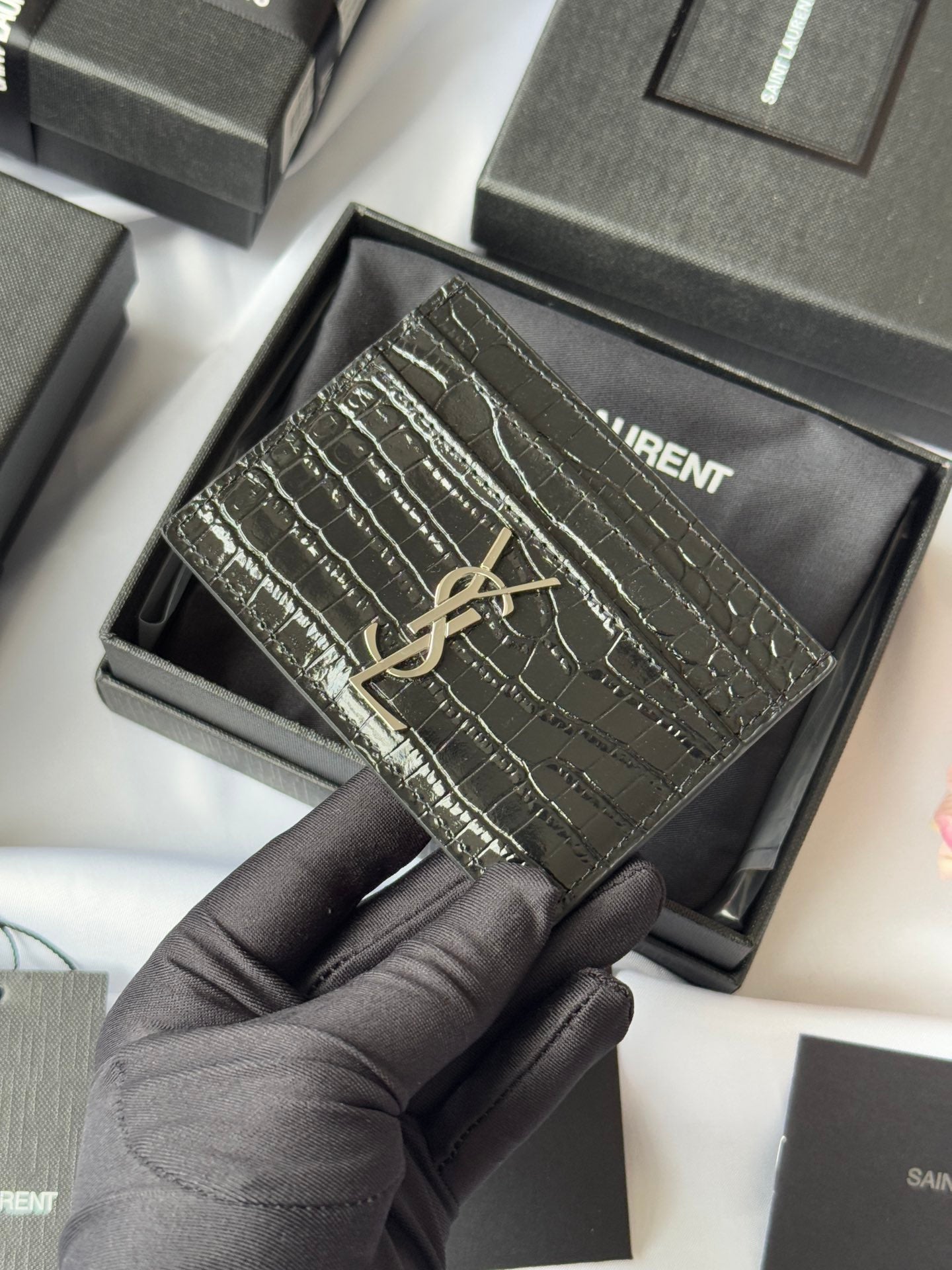 YSL Card Holder 10cm Wallet Black Silver Crocodile Leather 240554 mysite
