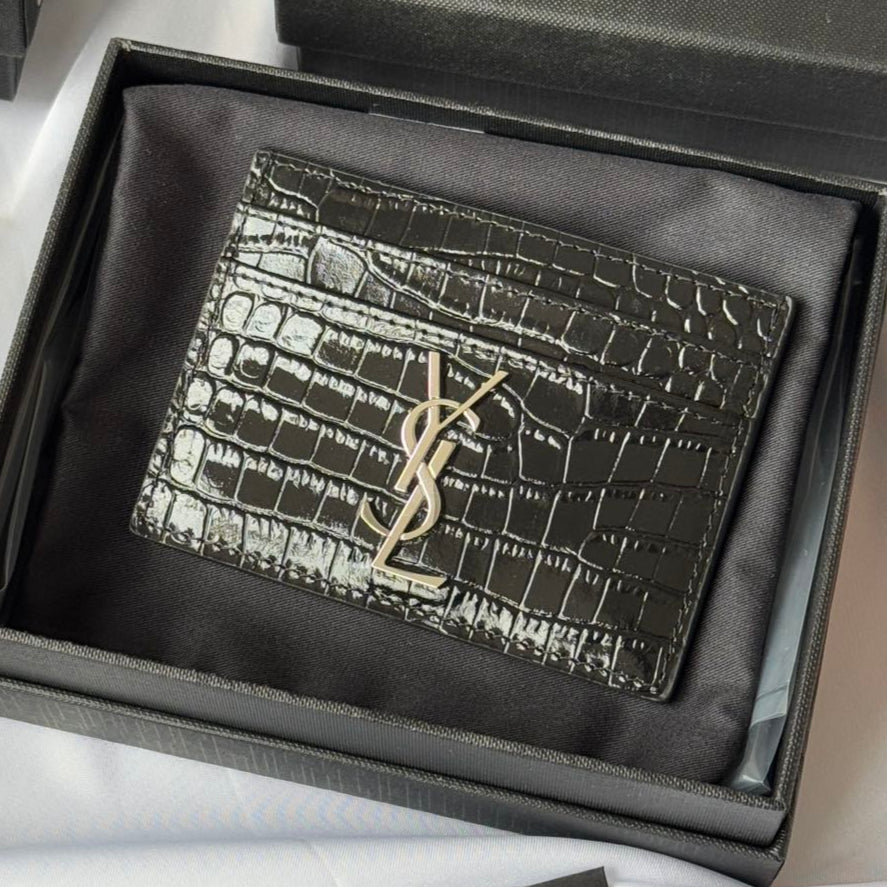 YSL Card Holder 10cm Wallet Black Silver Crocodile Leather 240554 mysite