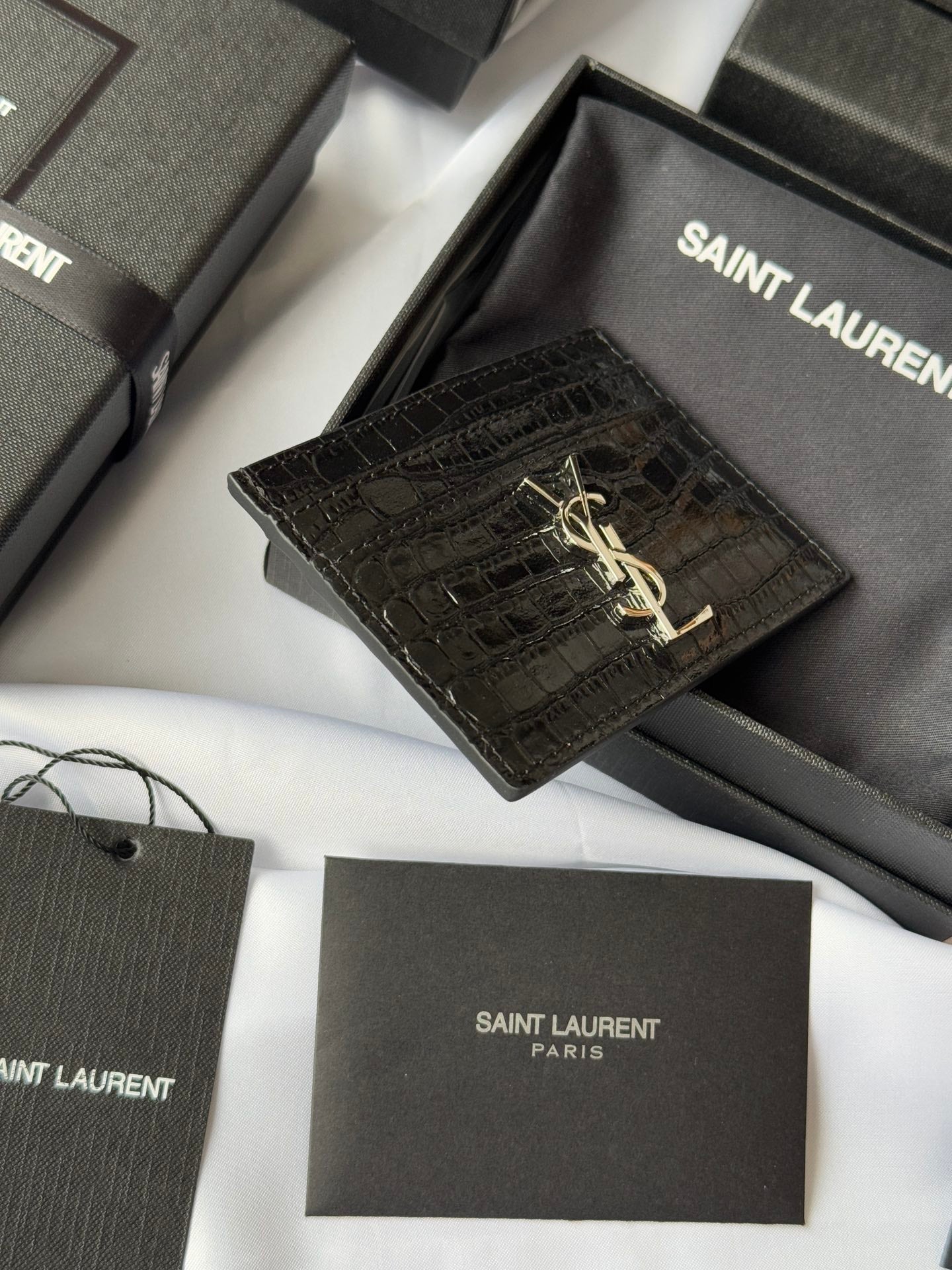 YSL Card Holder 10cm Wallet Black Silver Crocodile Leather 240554 mysite