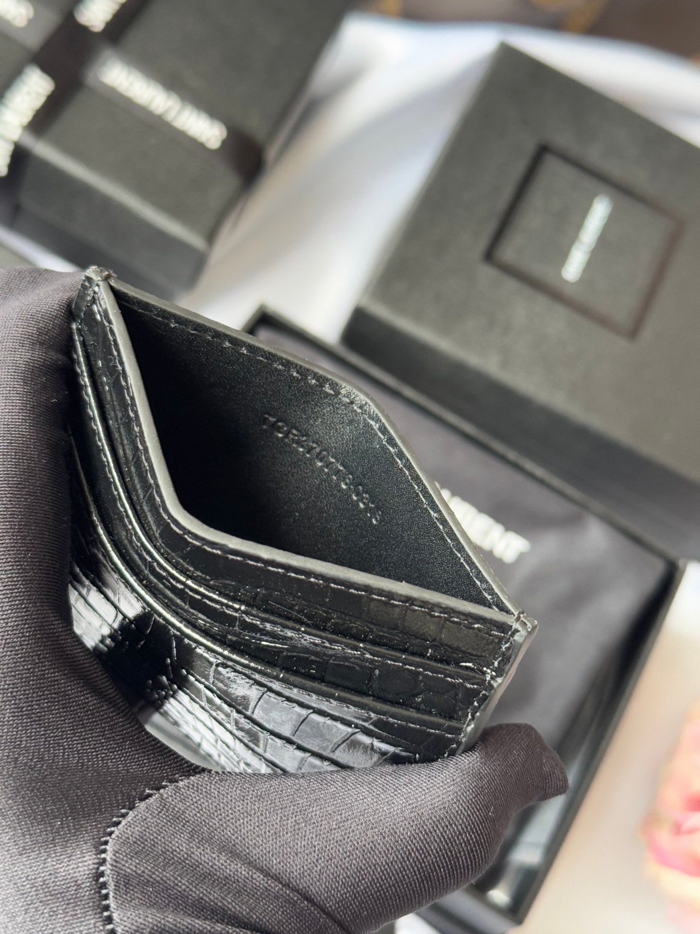 YSL Card Holder 10cm Wallet Black Silver Crocodile Leather 240554 mysite