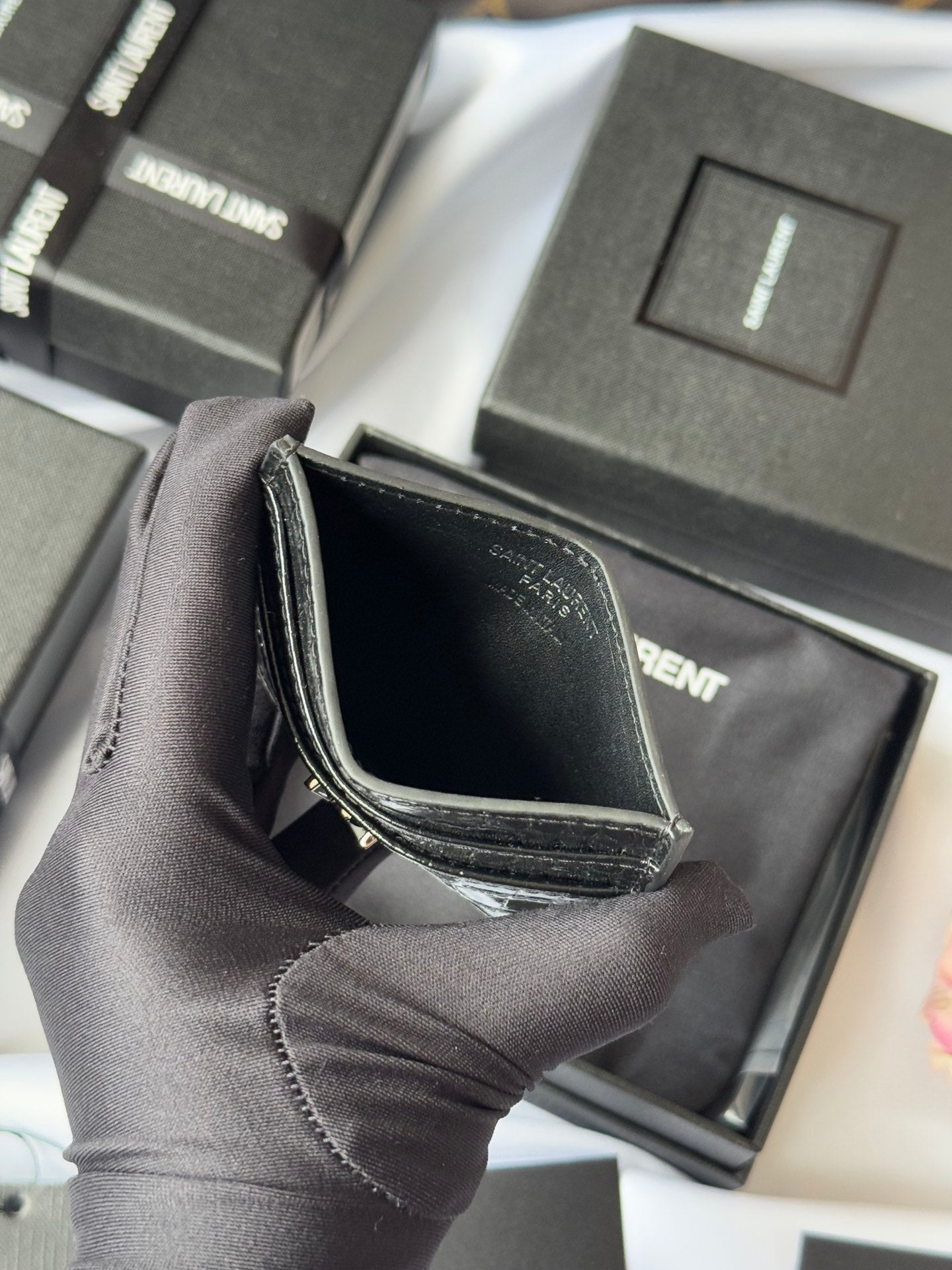 YSL Card Holder 10cm Wallet Black Silver Crocodile Leather 240554 mysite