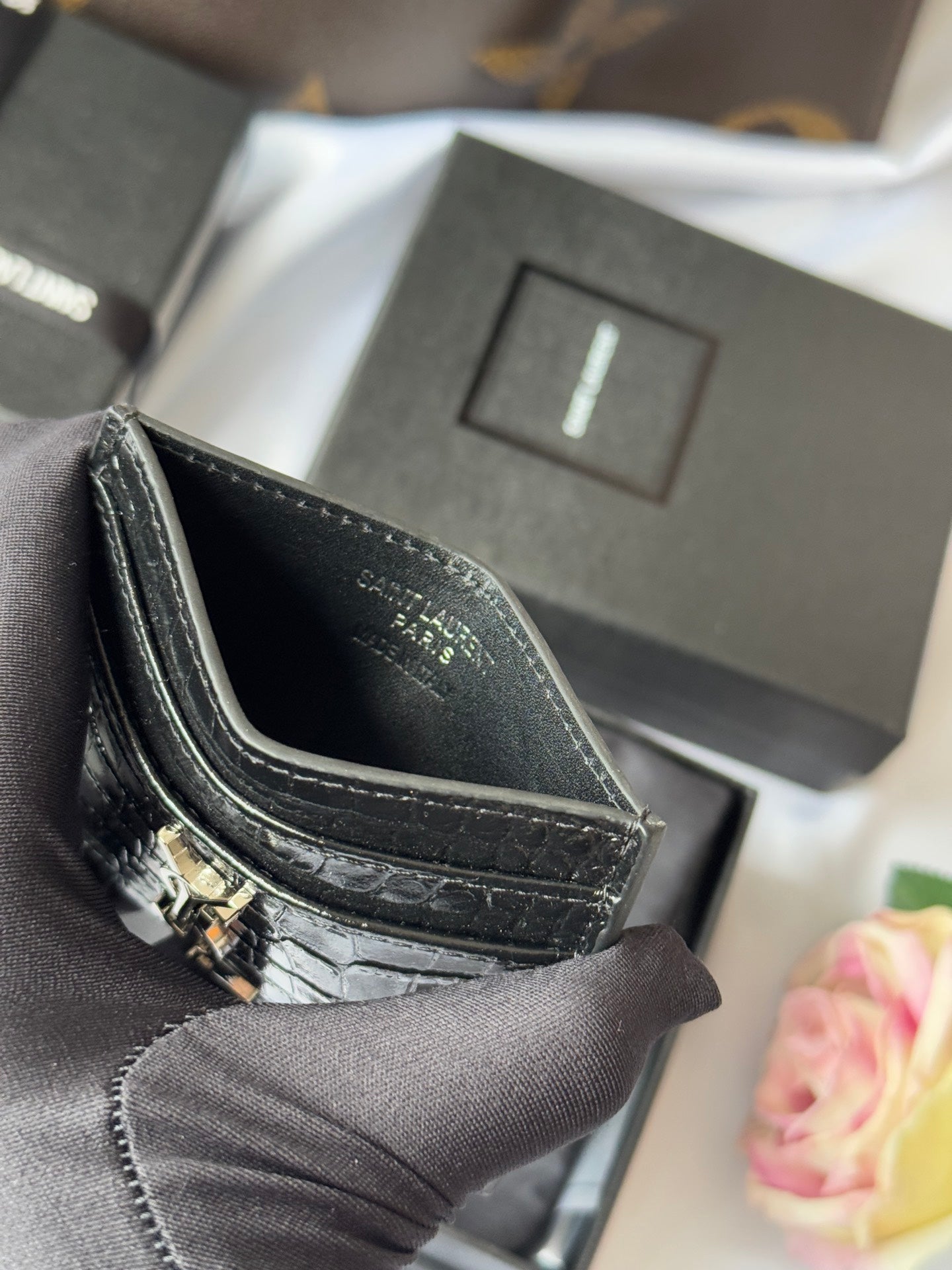 YSL Card Holder 10cm Wallet Black Silver Crocodile Leather 240554 mysite
