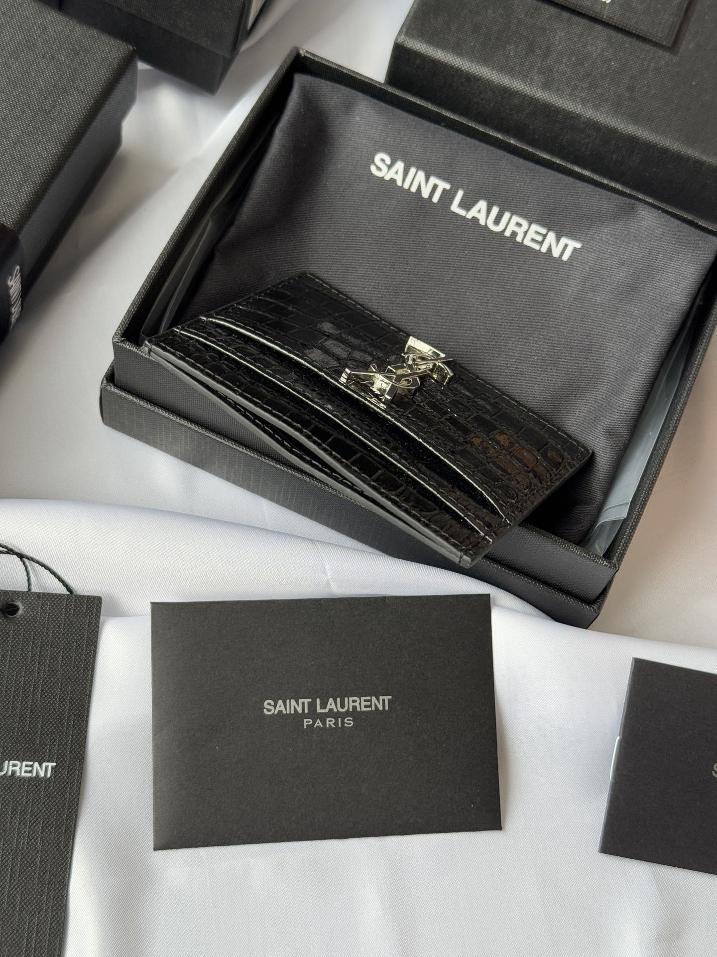 YSL Card Holder 10cm Wallet Black Silver Crocodile Leather 240554 mysite