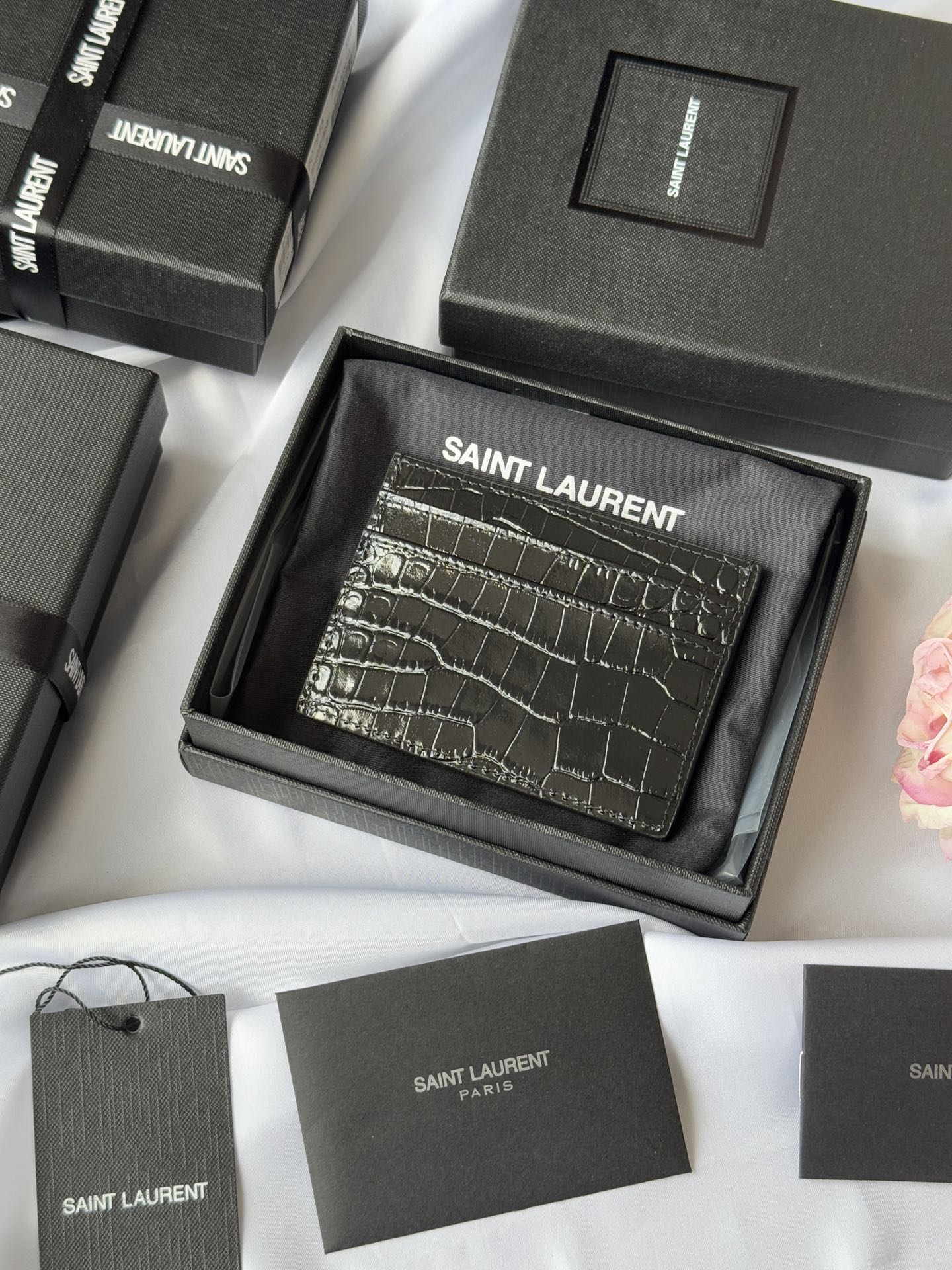 YSL Card Holder 10cm Wallet Black Gold Crocodile Leather 240550 mysite