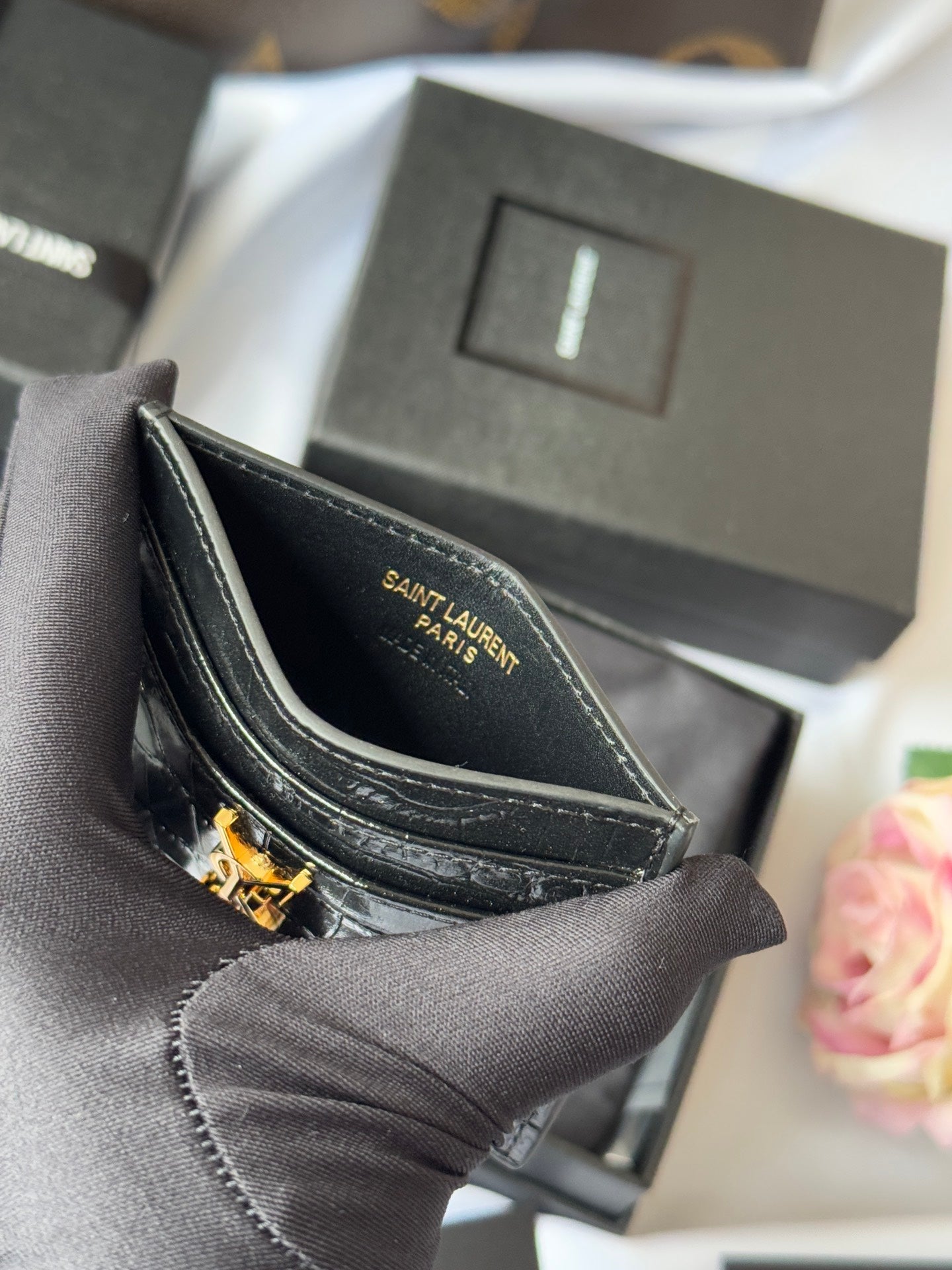 YSL Card Holder 10cm Wallet Black Gold Crocodile Leather 240550 mysite