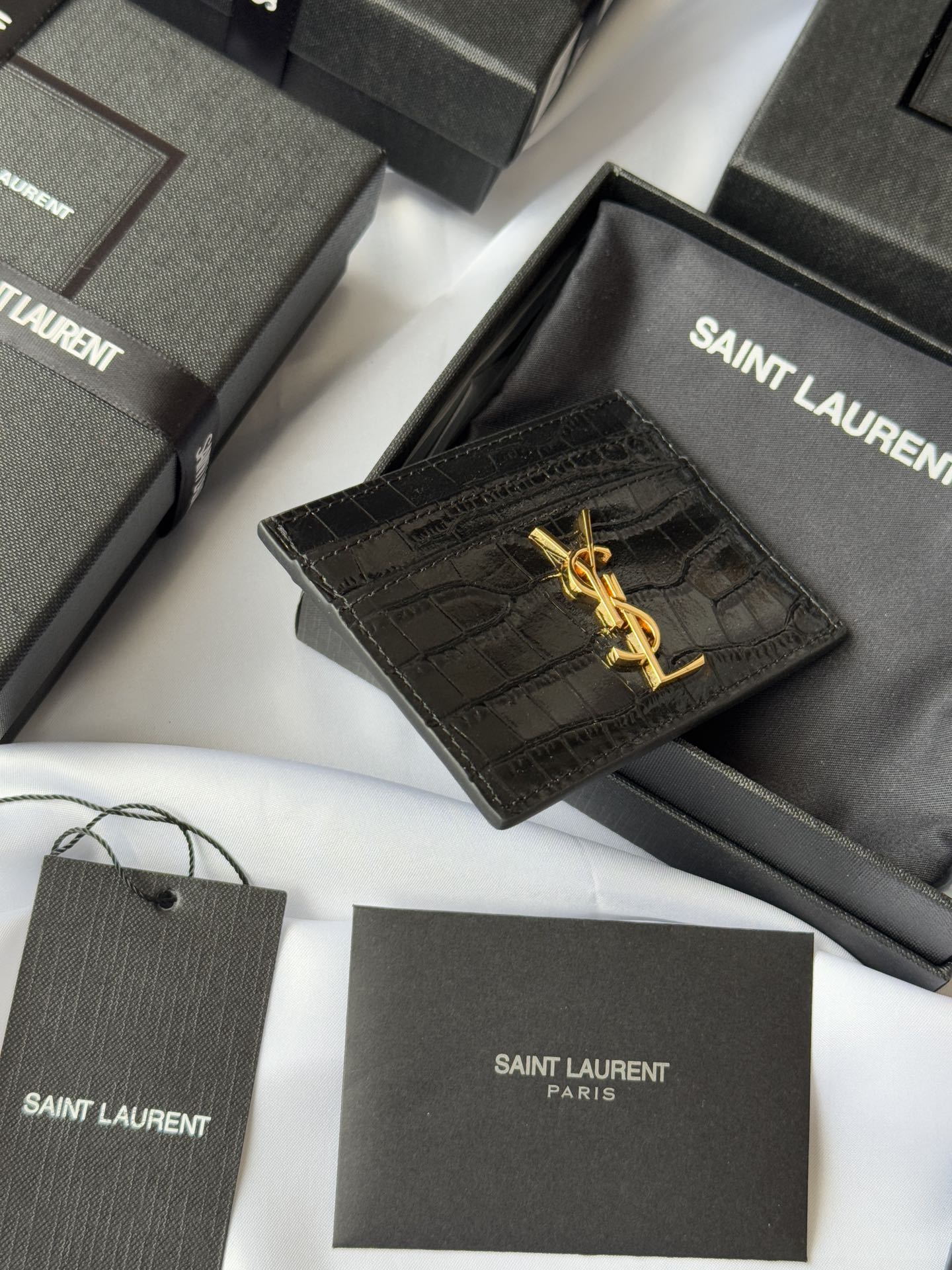 YSL Card Holder 10cm Wallet Black Gold Crocodile Leather 240550 mysite