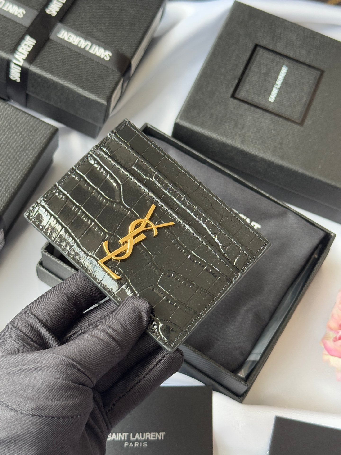 YSL Card Holder 10cm Wallet Black Gold Crocodile Leather 240550 mysite