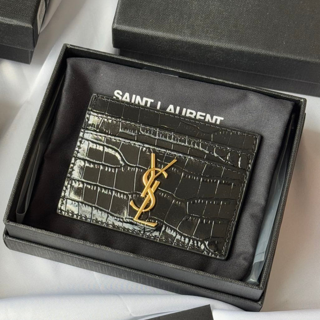 YSL Card Holder 10cm Wallet Black Gold Crocodile Leather 240550 mysite