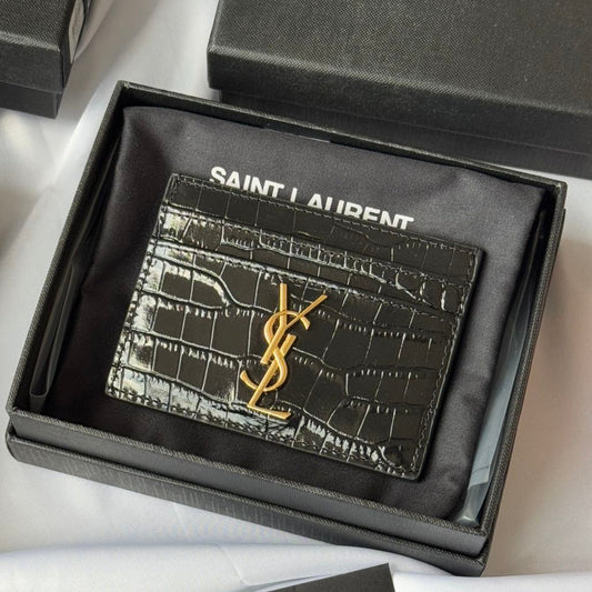 YSL Card Holder 10cm Wallet Black Gold Crocodile Leather 240550 mysite