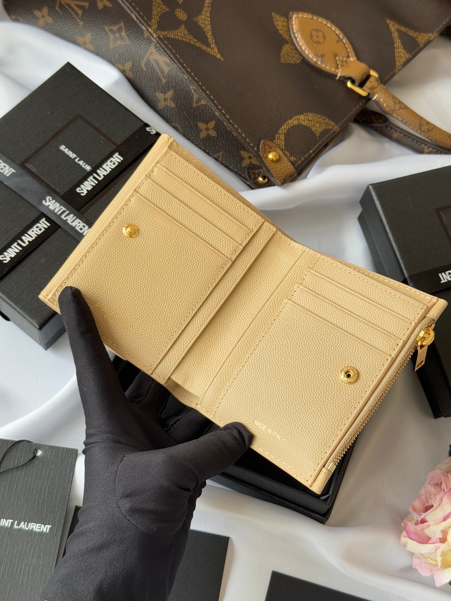 YSL Tri-fold Wallet Beige Gold Cowhide 242756 mysite