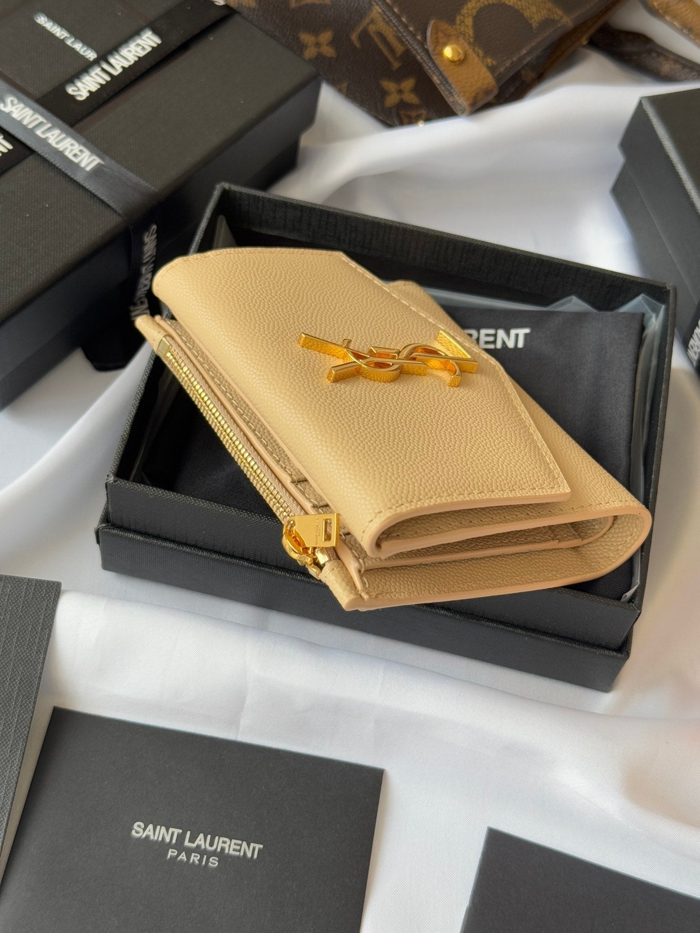 YSL Tri-fold Wallet Beige Gold Cowhide 242756 mysite