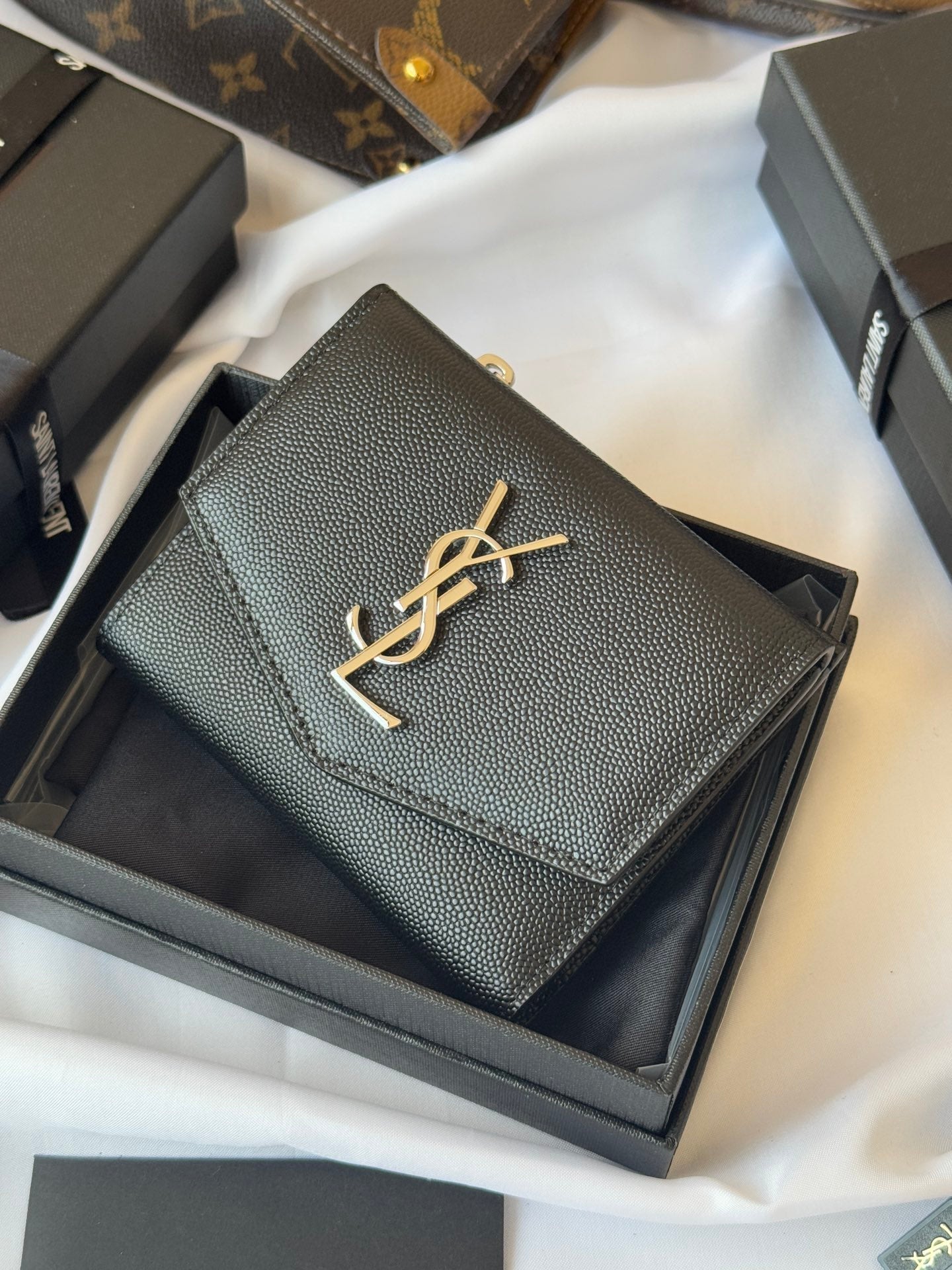 YSL Tri-fold Wallet Black Silver Cowhide 242758 mysite