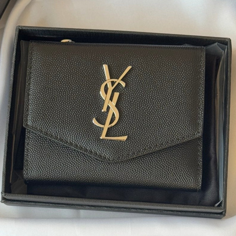 YSL Tri-fold Wallet Black Silver Cowhide 242758 mysite