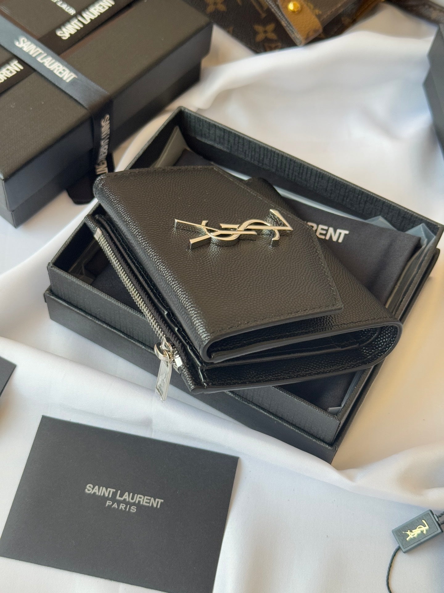 YSL Tri-fold Wallet Black Silver Cowhide 242758 mysite