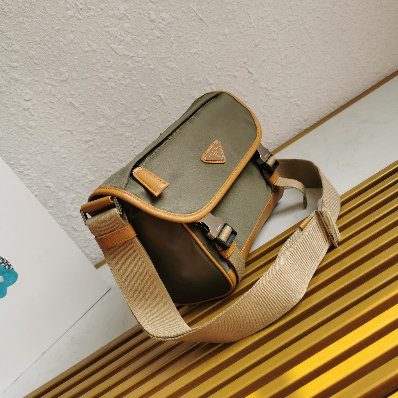 MESSENGER BAG 20 IN KHAKI GREEN RE-NYLON AND BROWN CALFSKIN TRIM mysite