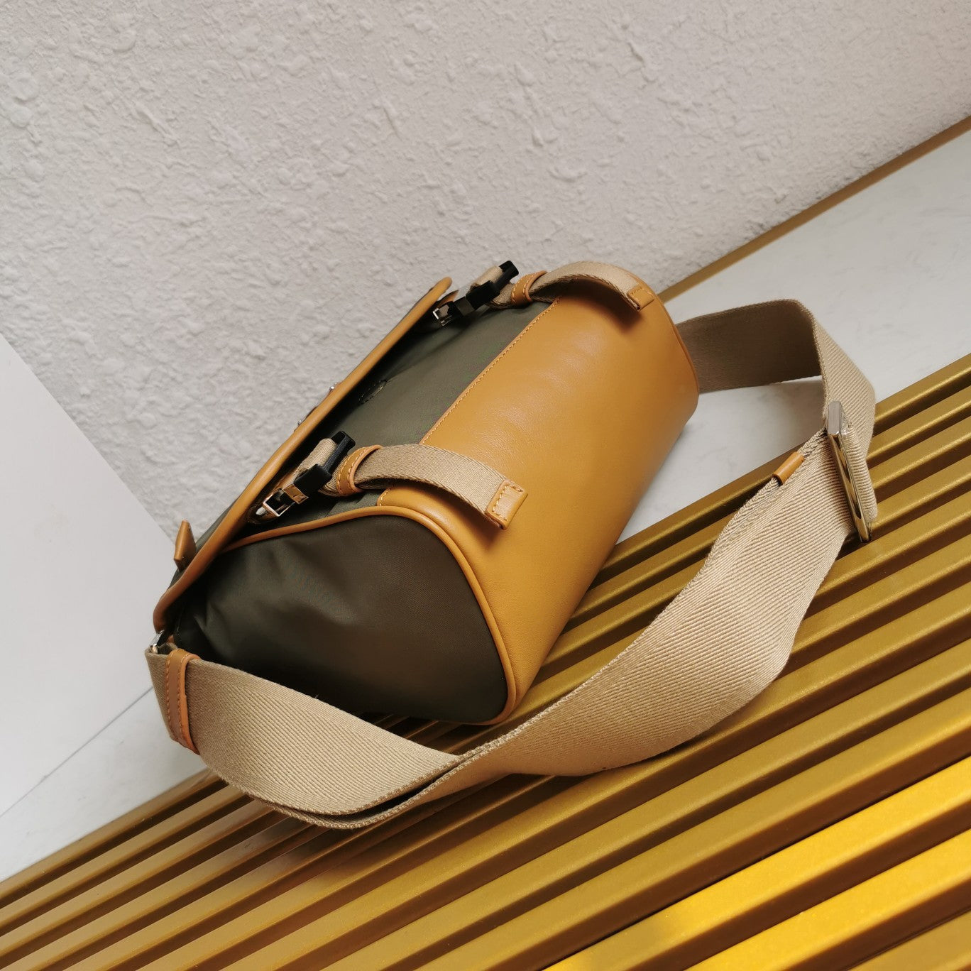 MESSENGER BAG 20 IN KHAKI GREEN RE-NYLON AND BROWN CALFSKIN TRIM mysite