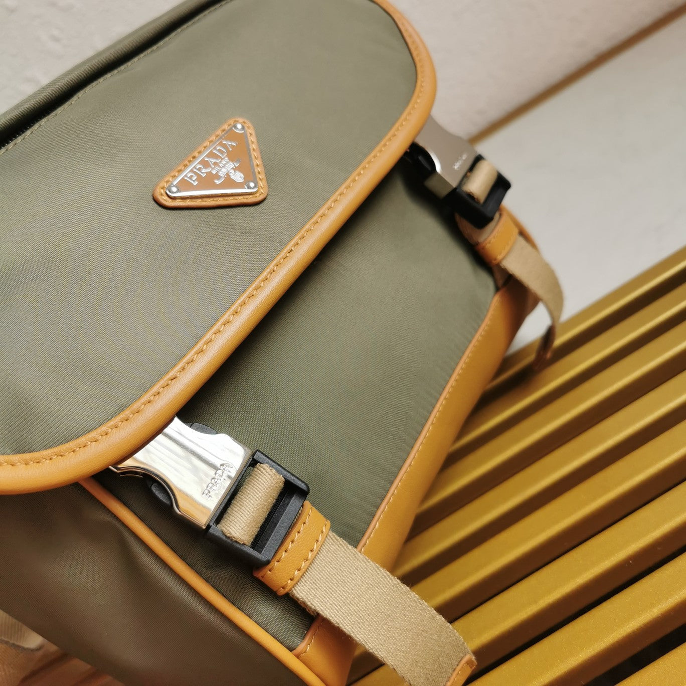 MESSENGER BAG 20 IN KHAKI GREEN RE-NYLON AND BROWN CALFSKIN TRIM mysite