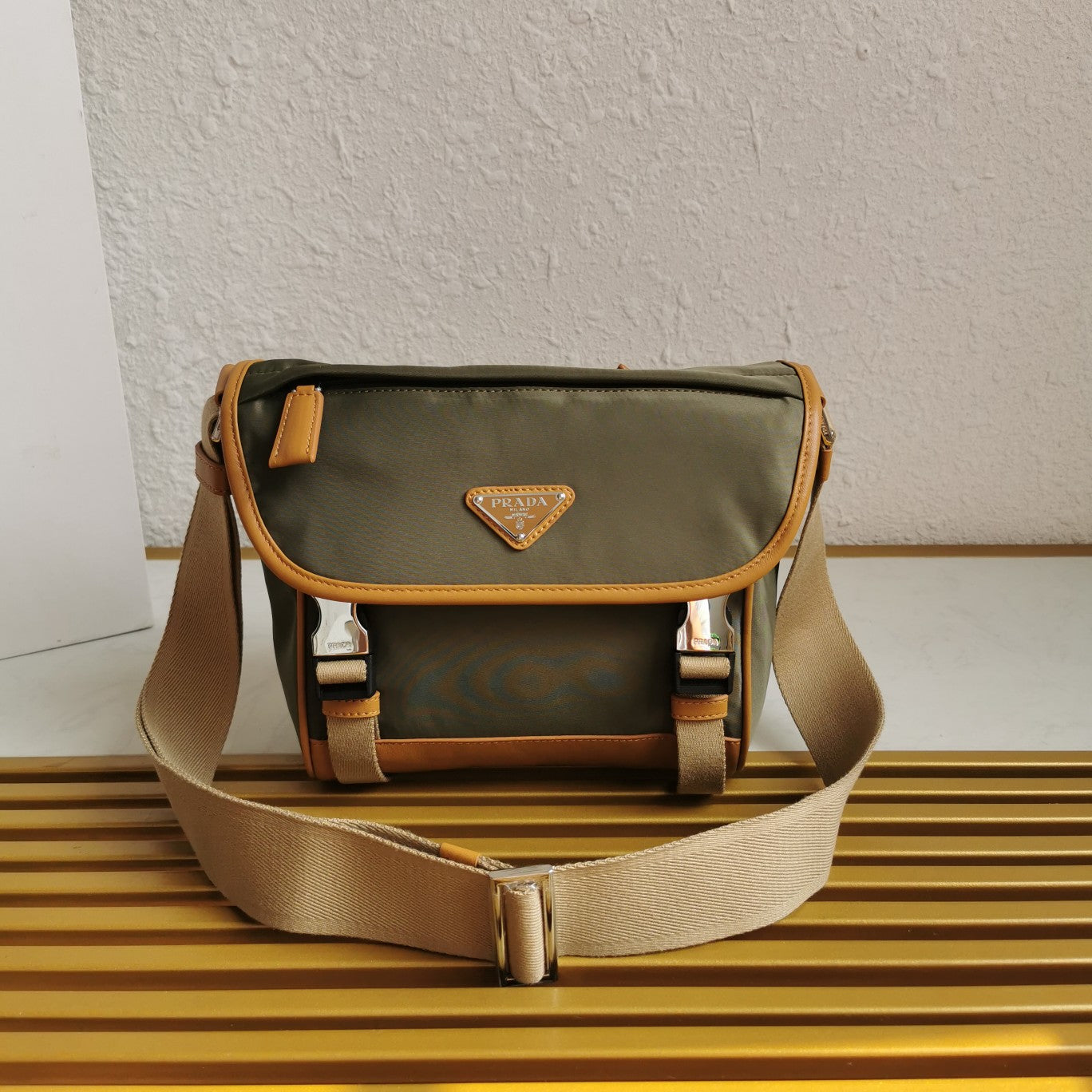 MESSENGER BAG 20 IN KHAKI GREEN RE-NYLON AND BROWN CALFSKIN TRIM mysite