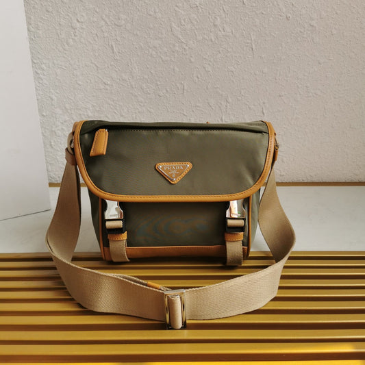 MESSENGER BAG 20 IN KHAKI GREEN RE-NYLON AND BROWN CALFSKIN TRIM mysite