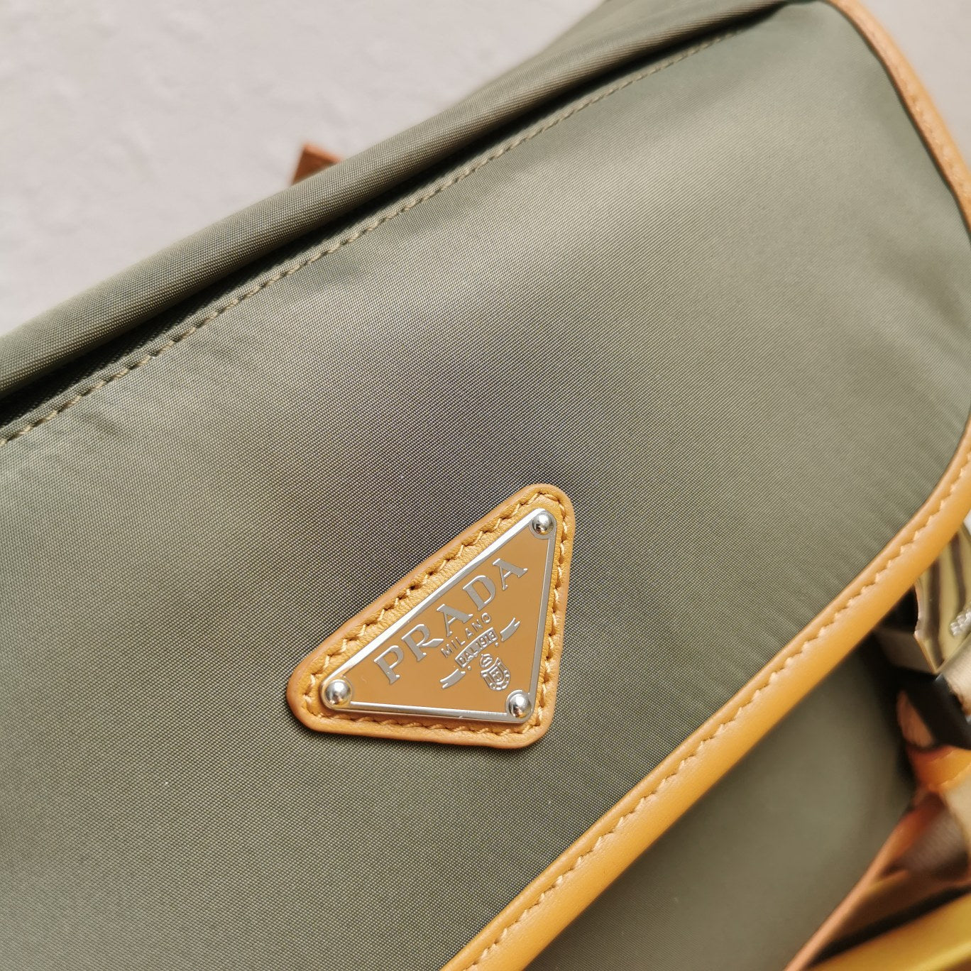 MESSENGER BAG 20 IN KHAKI GREEN RE-NYLON AND BROWN CALFSKIN TRIM mysite