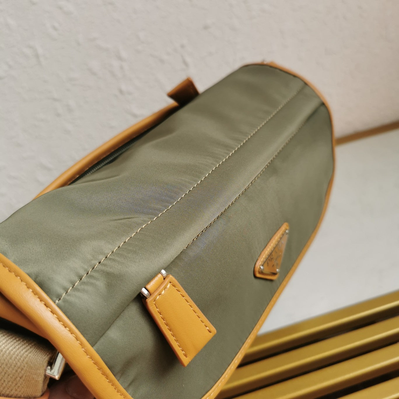 MESSENGER BAG 20 IN KHAKI GREEN RE-NYLON AND BROWN CALFSKIN TRIM mysite