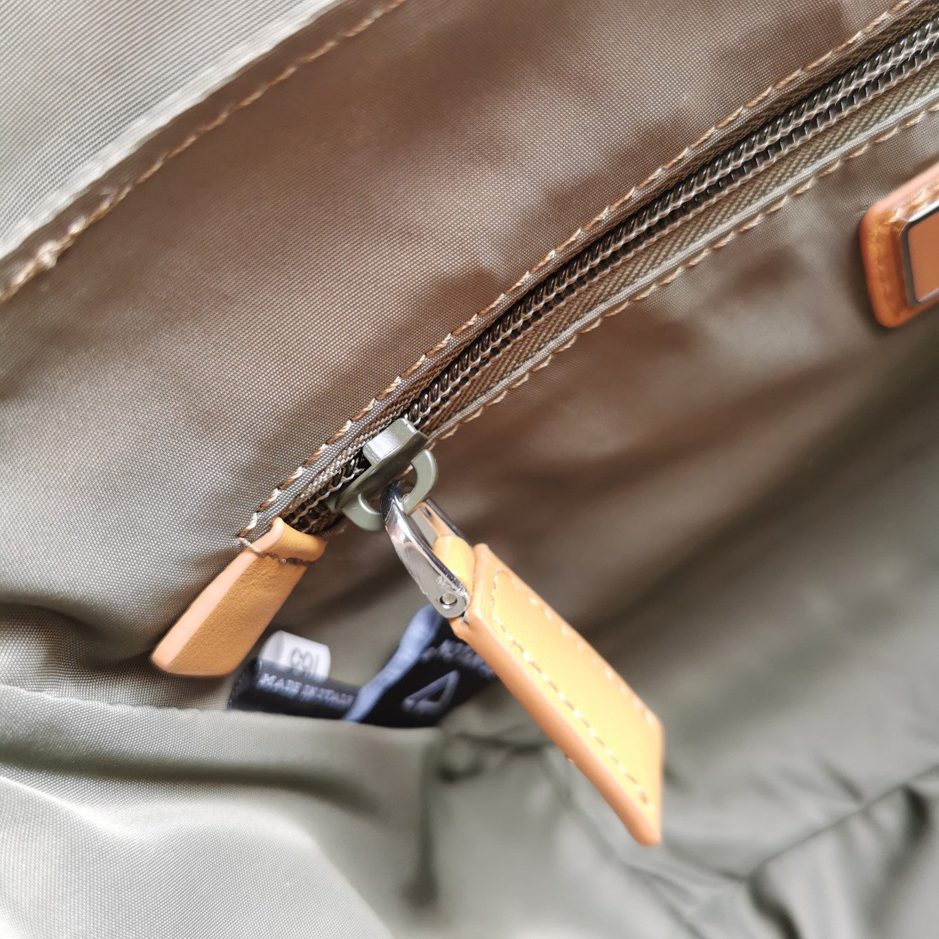 MESSENGER BAG 20 IN KHAKI GREEN RE-NYLON AND BROWN CALFSKIN TRIM mysite