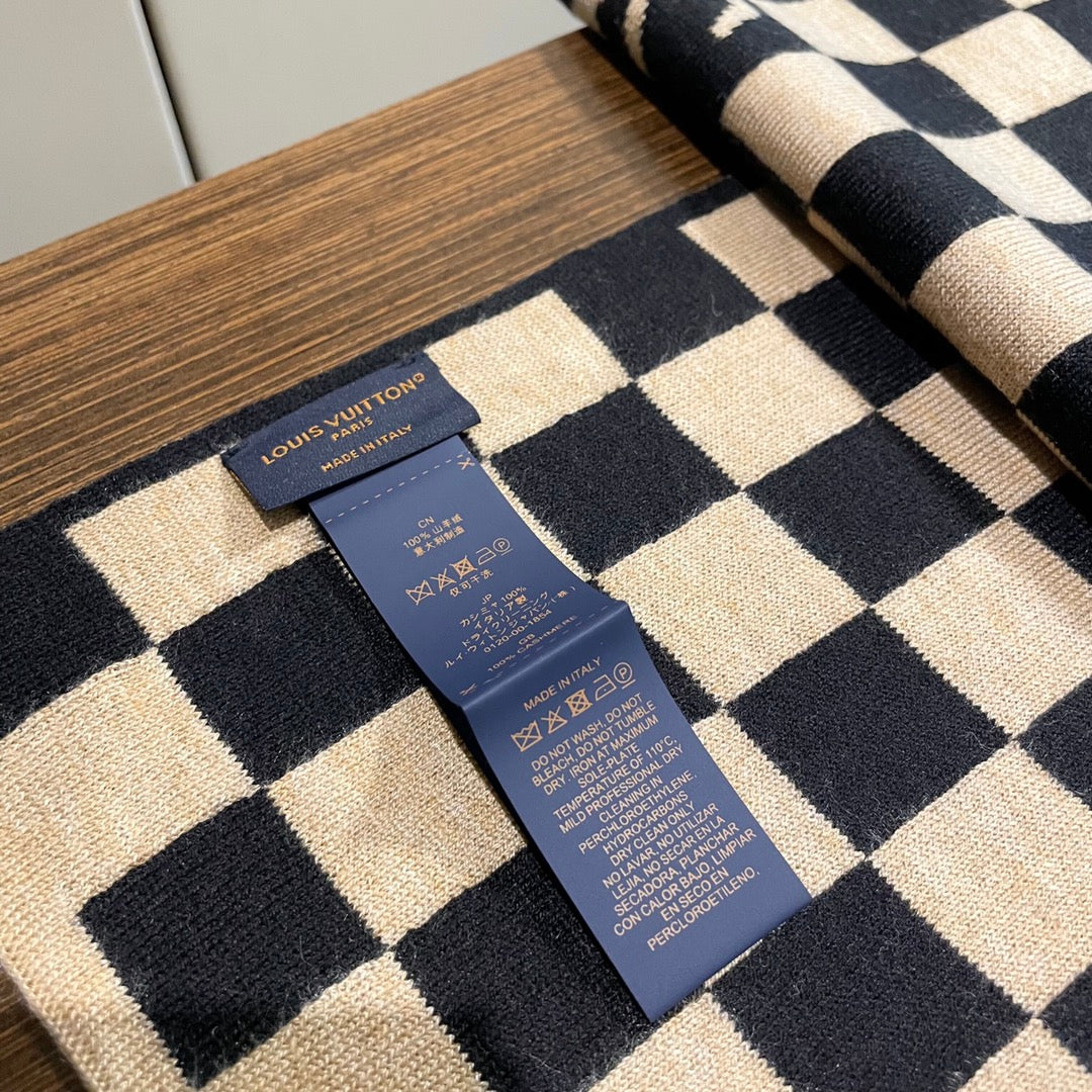 DAMIER SCARF 200 CM IN BLACK MIX TAN BEIGE CASHMERE 388194 mysite