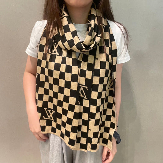 DAMIER SCARF 200 CM IN BLACK MIX TAN BEIGE CASHMERE 388194 mysite